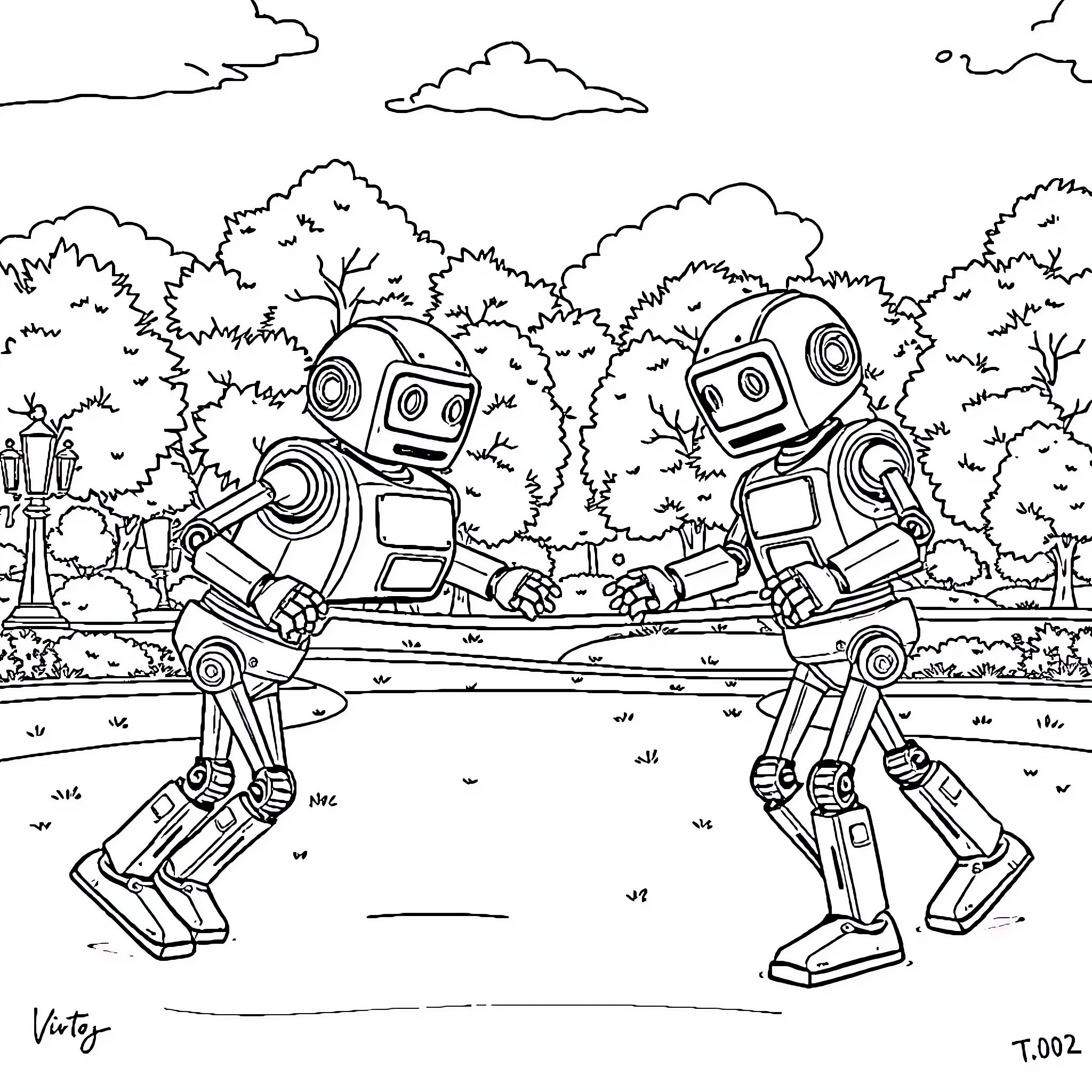 T100 Friendly Robots Exploring the Outdoors Coloring Page (free black-and-white line drawing printable PDF for all, from beginners to advanced learners, including children, teens, adults, and seniors)