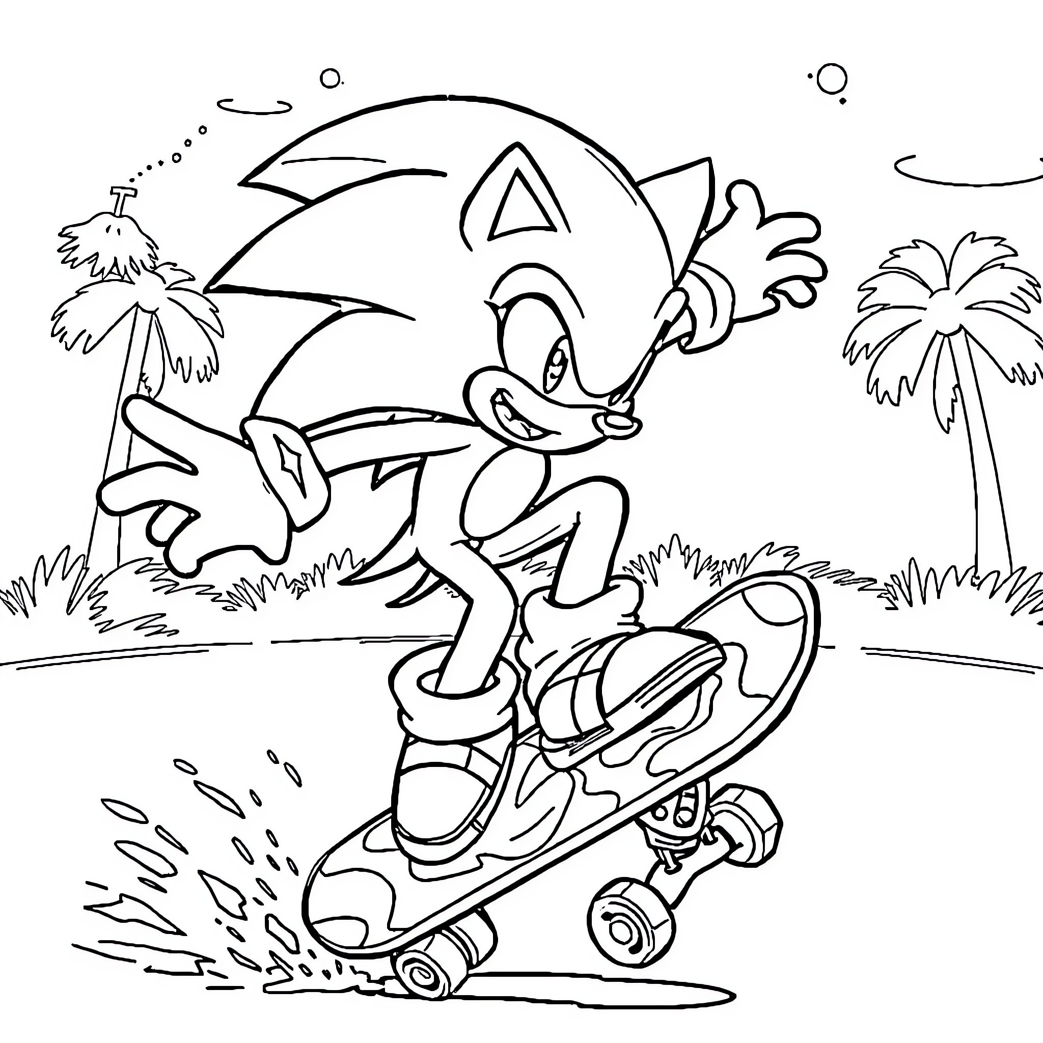 Sonic racing on a skateboard through a tropical scene Coloring Page (free black-and-white line drawing printable PDF for all, from beginners to advanced learners, including children, teens, adults, and seniors)