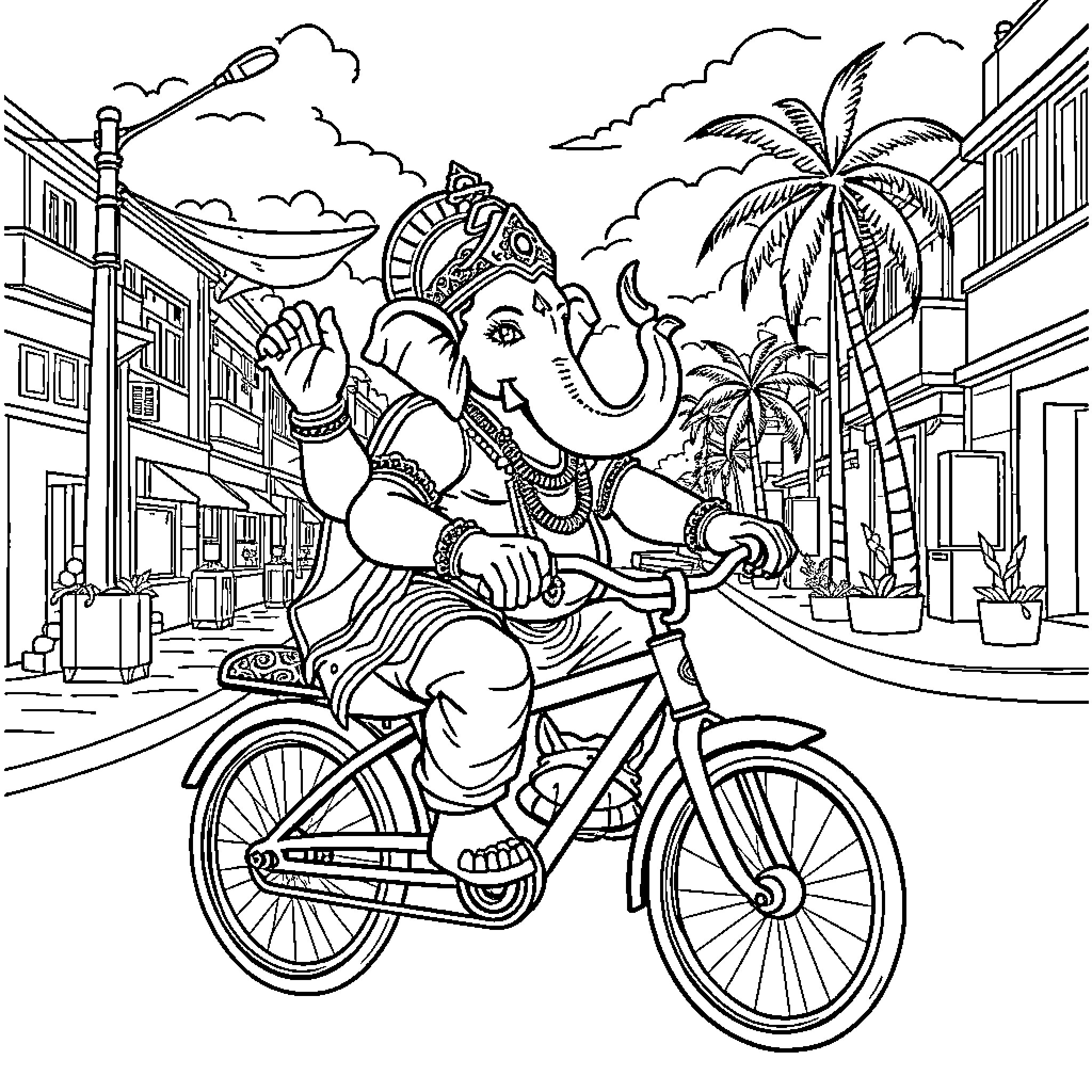 Ganesha riding a bicycle through a tropical town Coloring Page (free black-and-white line drawing printable PDF for all, from beginners to advanced learners, including children, teens, adults, and seniors)