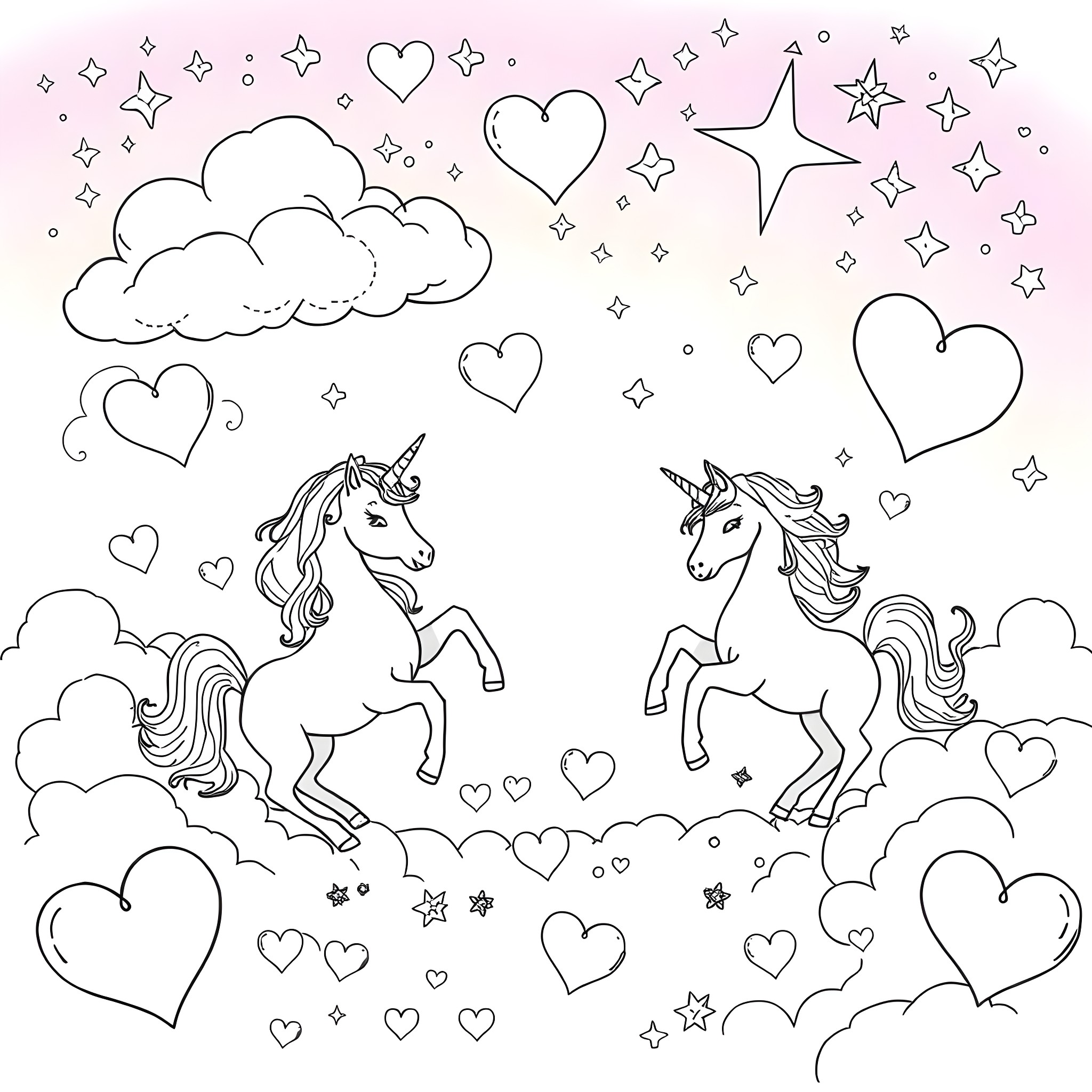 Heart-filled Unicorn Fantasy Coloring Page (free black-and-white line drawing printable PDF for all, from beginners to advanced learners, including children, teens, adults, and seniors)