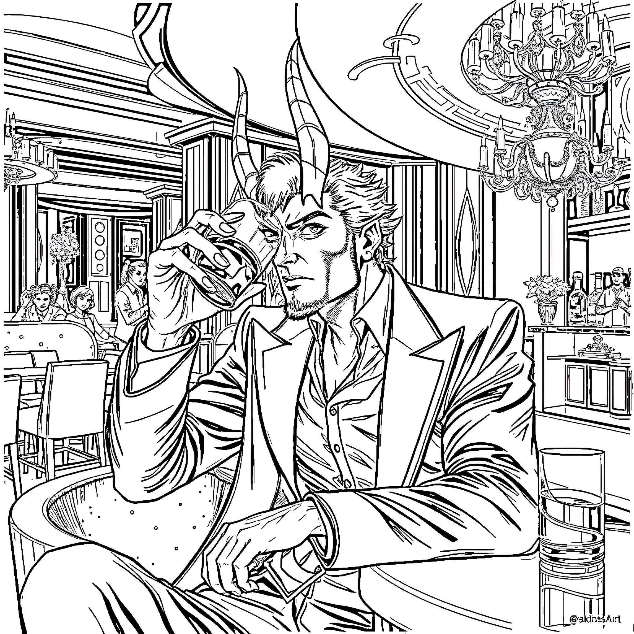 Lucifer in a Luxurious Lounge Coloring Page (free black-and-white line drawing printable PDF for all, from beginners to advanced learners, including children, teens, adults, and seniors)