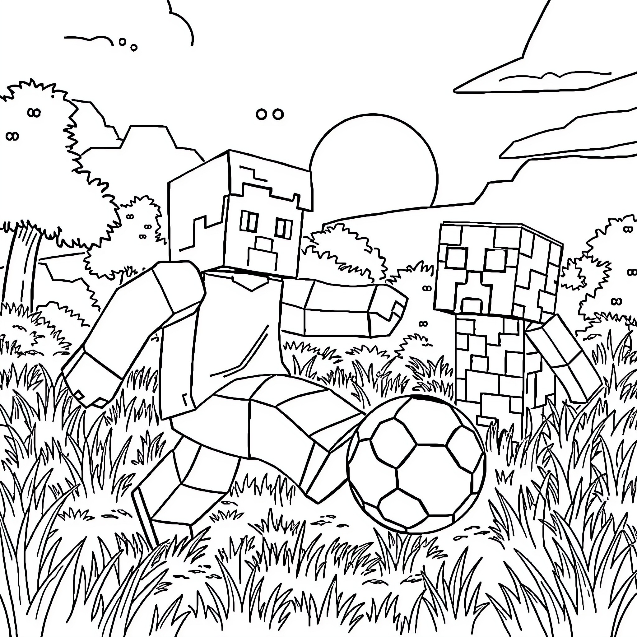 Steve enjoys playing soccer in the meadow Coloring Page (free black-and-white line drawing printable PDF for all, from beginners to advanced learners, including children, teens, adults, and seniors)