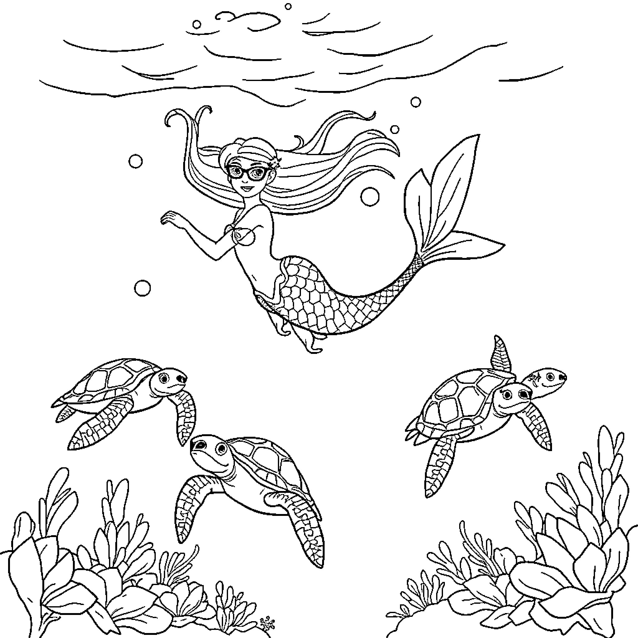 Mermaid swimming with sea turtles in the underwater world Coloring Page (free black-and-white line drawing printable PDF for all, from beginners to advanced learners, including children, teens, adults, and seniors)