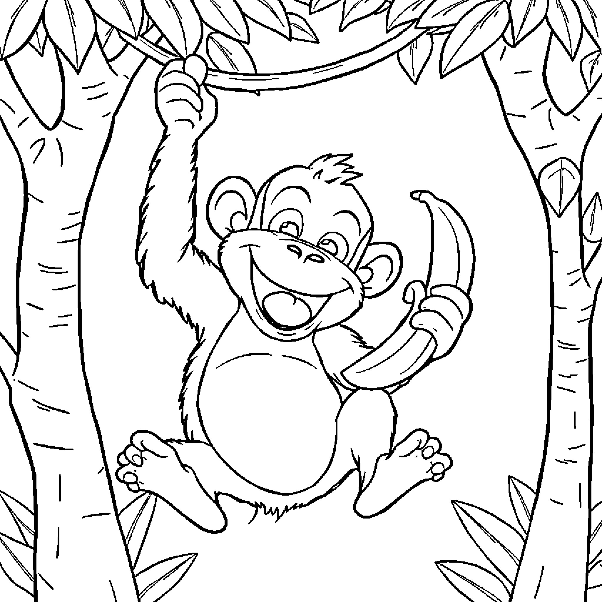 Monkey swinging happily in jungle Coloring Page (free black-and-white line drawing printable PDF for all, from beginners to advanced learners, including children, teens, adults, and seniors)
