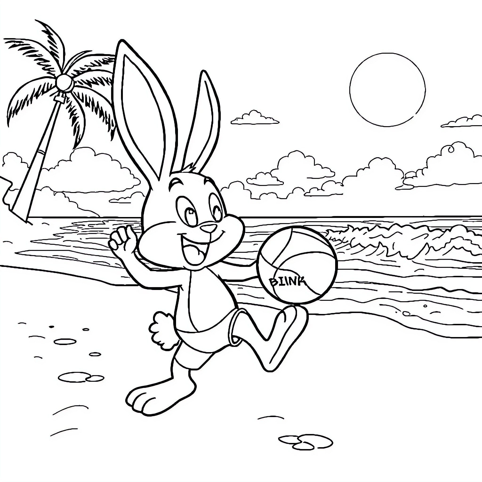 Rabbit playing with beach ball on tropical beach Coloring Page (free black-and-white line drawing printable PDF for all, from beginners to advanced learners, including children, teens, adults, and seniors)