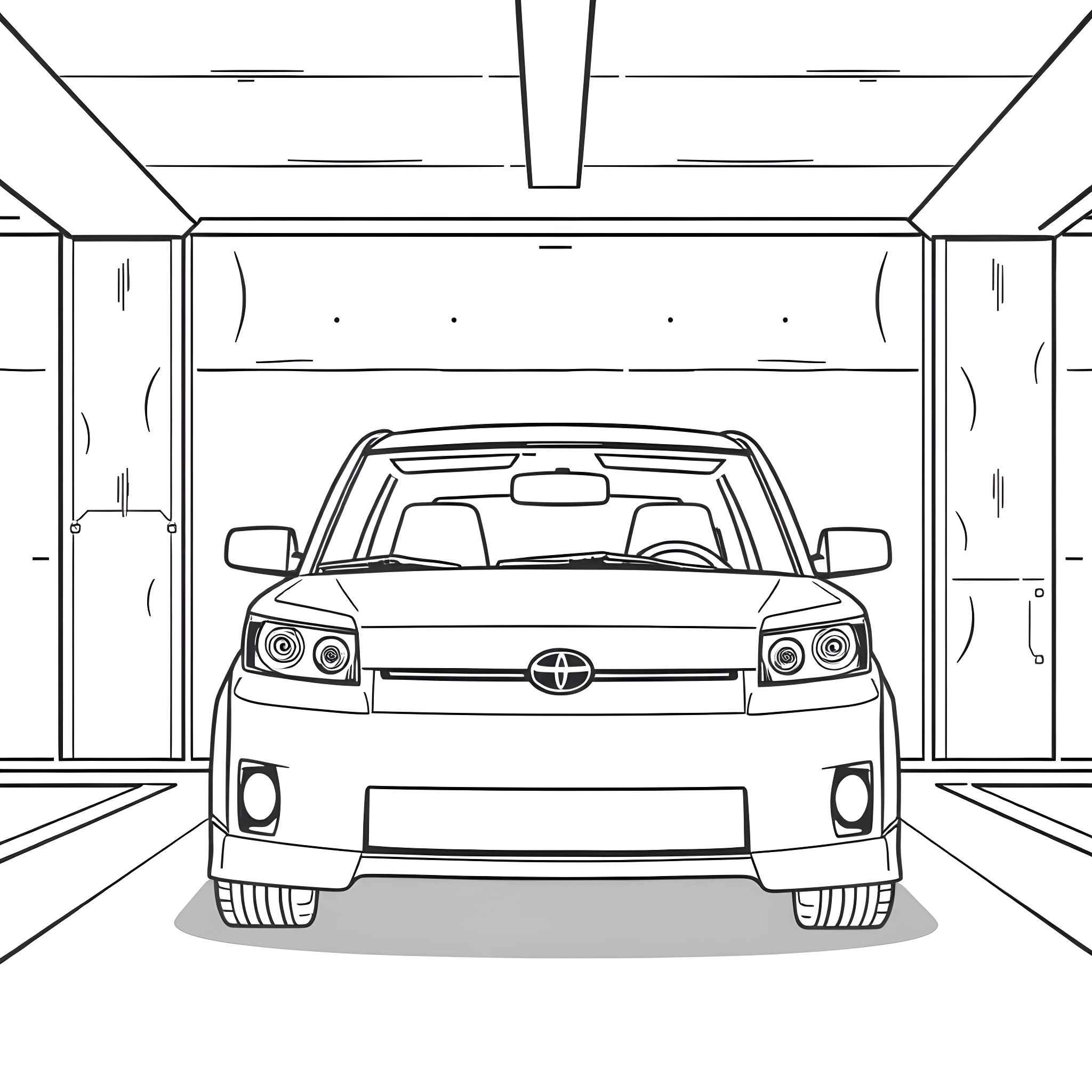 Scion xb vehicle in black and white garage Coloring Page (free black-and-white line drawing printable PDF for all, from beginners to advanced learners, including children, teens, adults, and seniors)