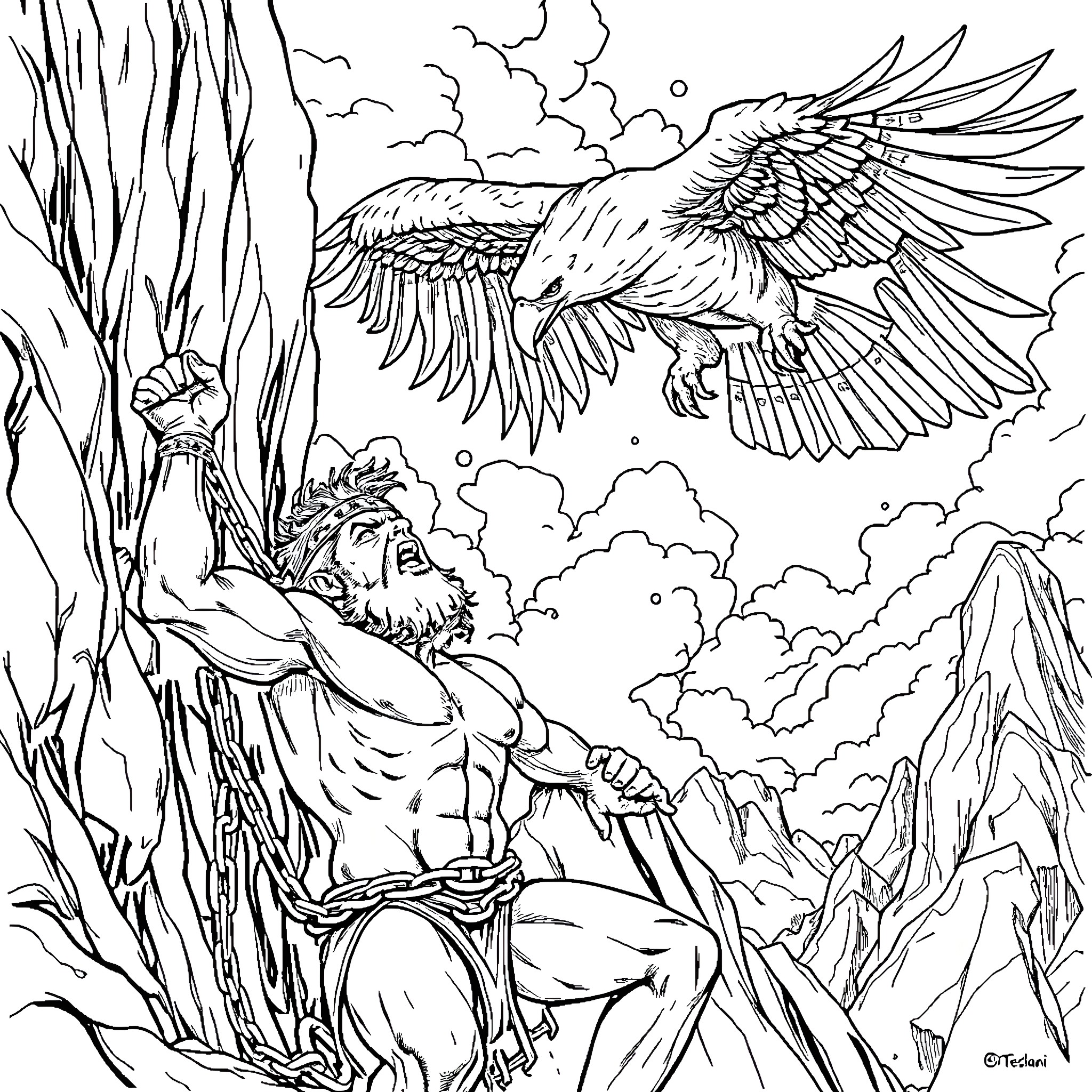Prometheus Defying the Titan's Wrath Coloring Page (free black-and-white line drawing printable PDF for all, from beginners to advanced learners, including children, teens, adults, and seniors)