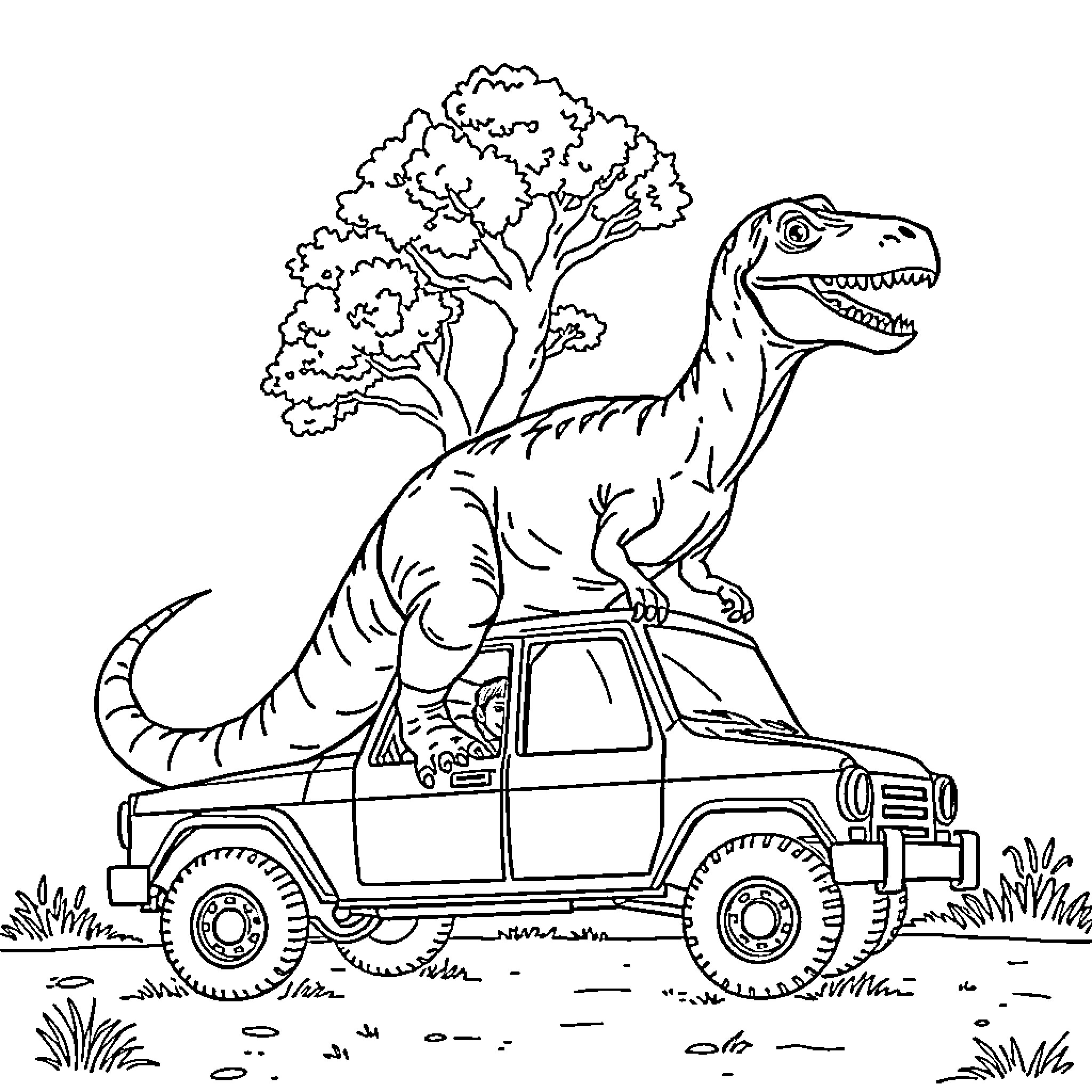 Dinosaur riding on a car through the forest Coloring Page (free black-and-white line drawing printable PDF for all, from beginners to advanced learners, including children, teens, adults, and seniors)
