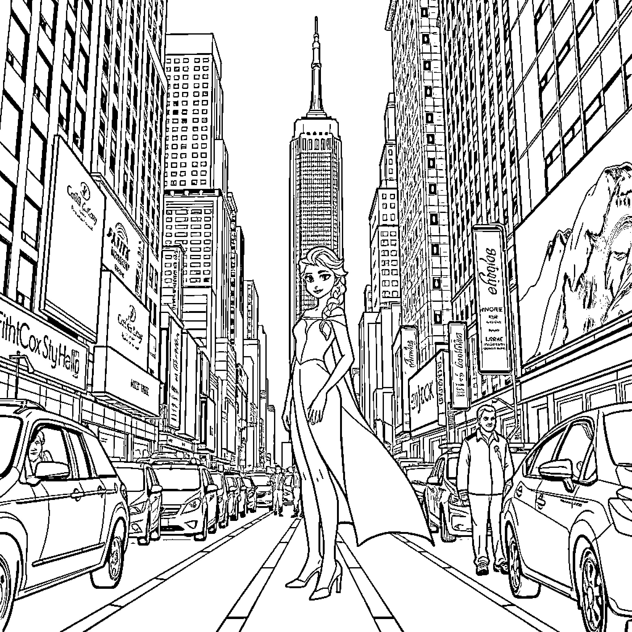 Elsa exploring the bustling city streets Coloring Page (free black-and-white line drawing printable PDF for all, from beginners to advanced learners, including children, teens, adults, and seniors)