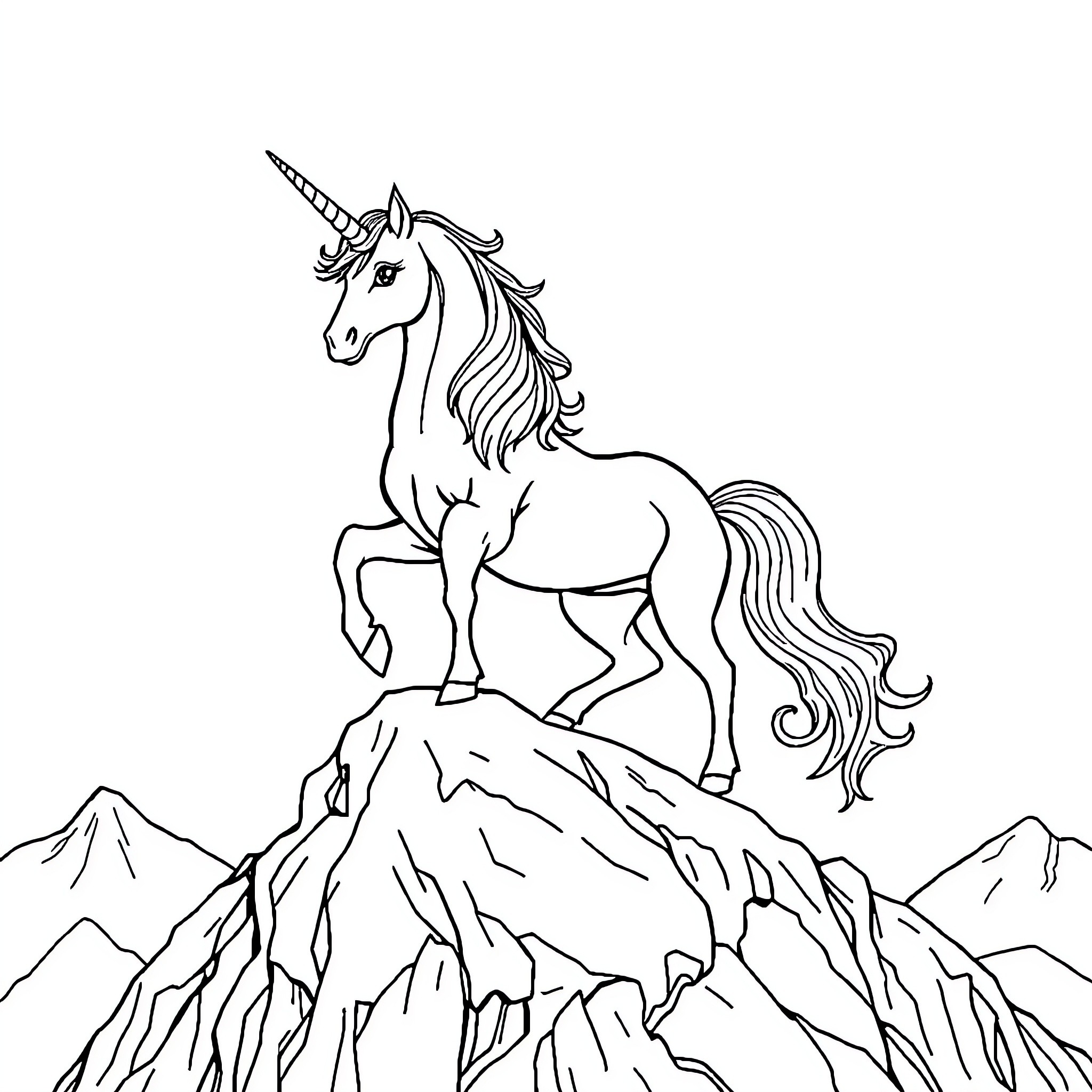 Unicorn standing proudly on a mountain peak Coloring Page (free black-and-white line drawing printable PDF for all, from beginners to advanced learners, including children, teens, adults, and seniors)