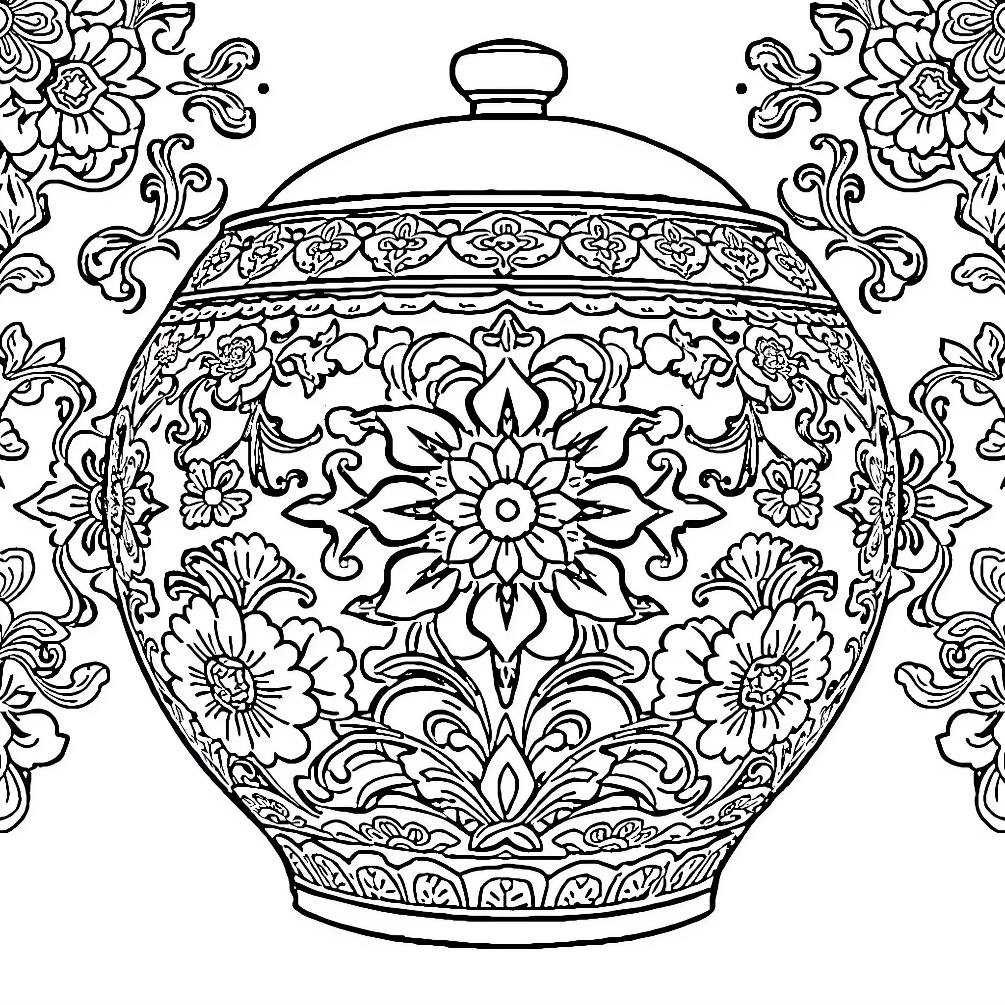 Ceramic Decorative Bowl with Intricate Floral Patterns Coloring Page (free black-and-white line drawing printable PDF for all, from beginners to advanced learners, including children, teens, adults, and seniors)