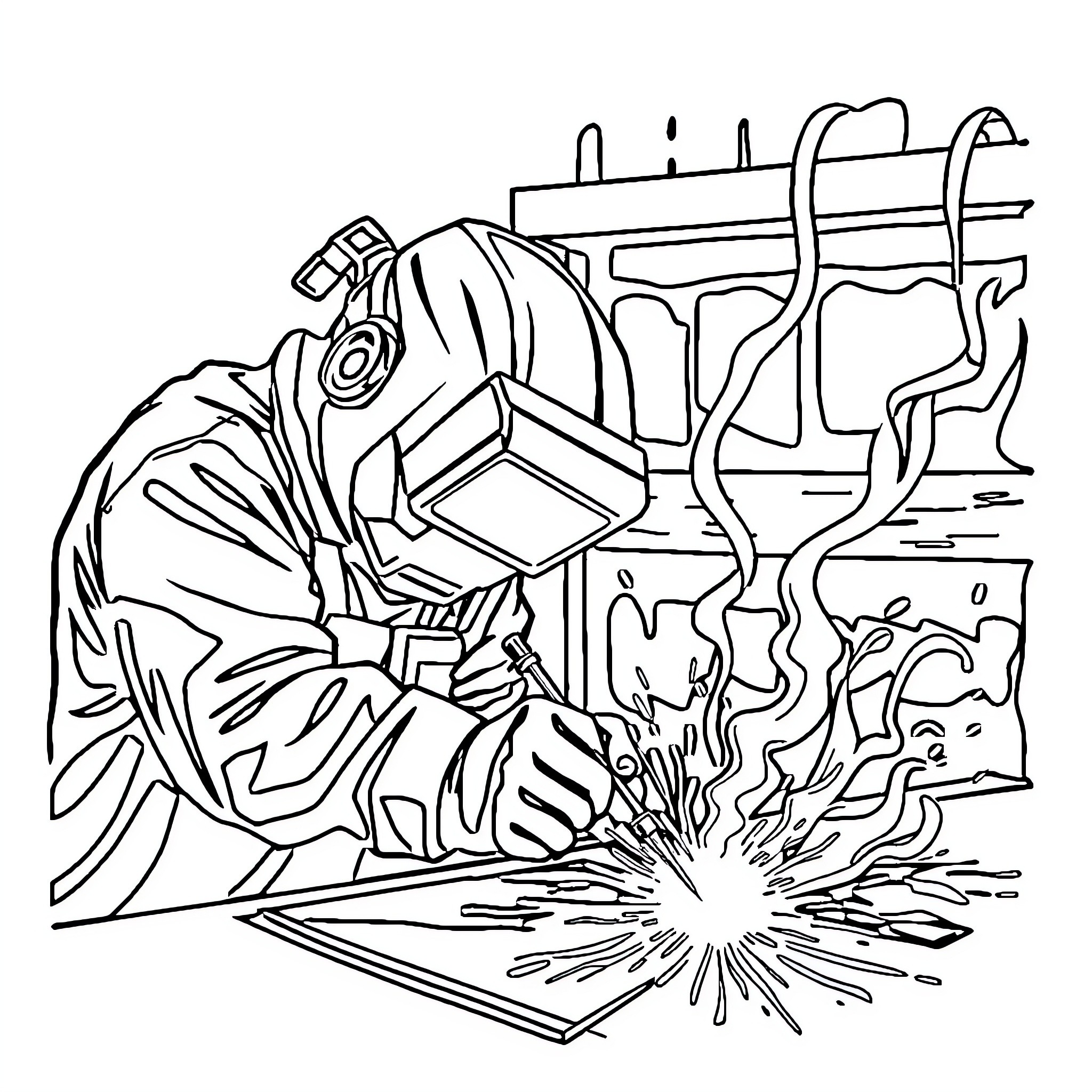 Welder at Work in Industrial Setting Coloring Page (free black-and-white line drawing printable PDF for all, from beginners to advanced learners, including children, teens, adults, and seniors)