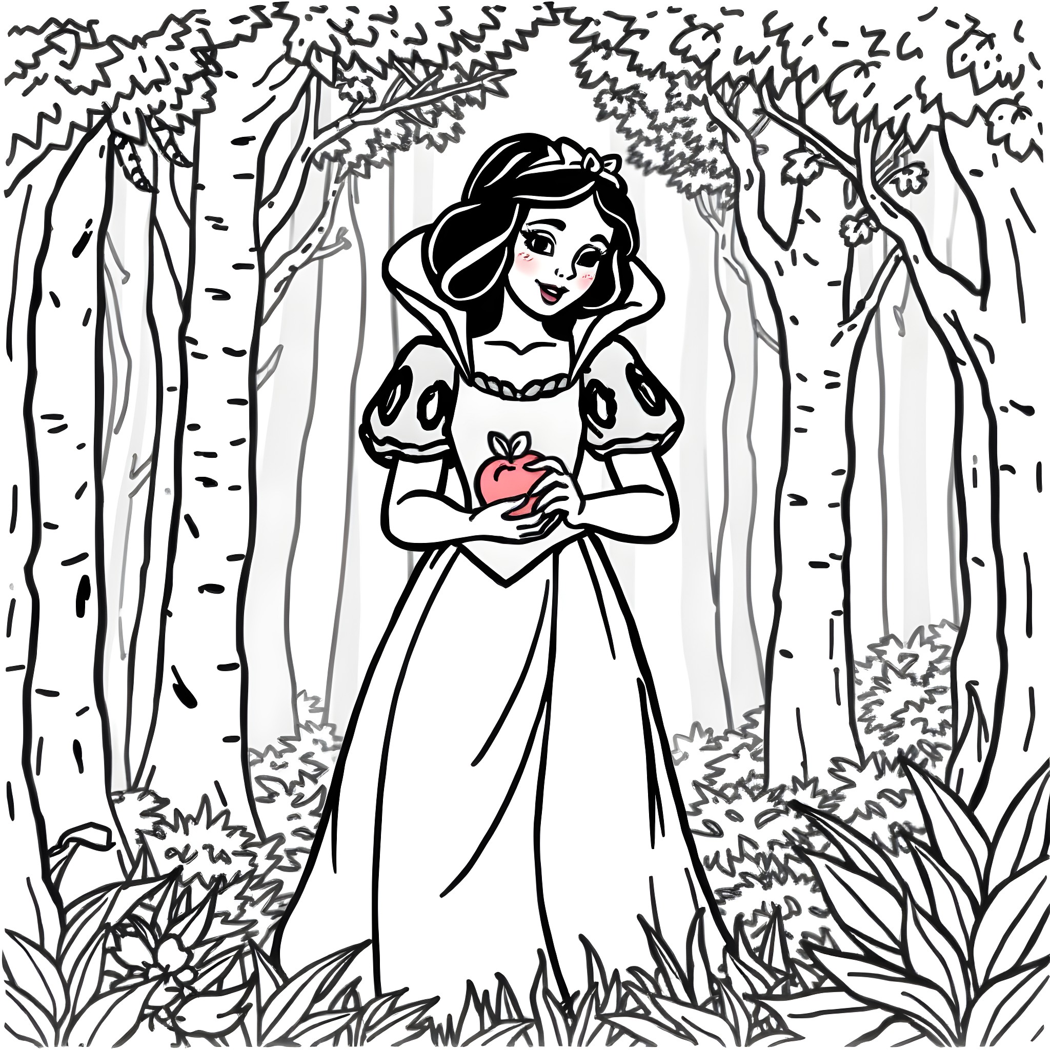 Snow White in the Enchanted Forest Coloring Page (free black-and-white line drawing printable PDF for all, from beginners to advanced learners, including children, teens, adults, and seniors)
