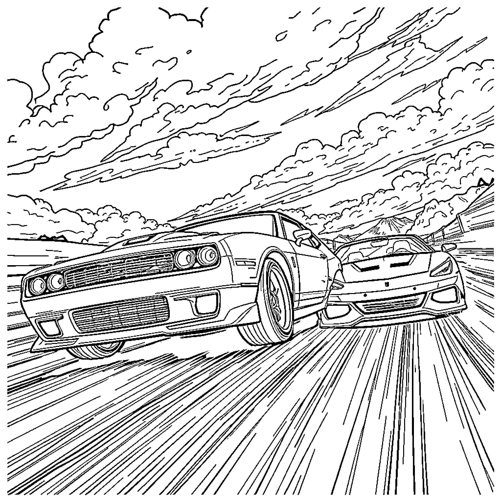 Flying high-speed sports cars on the open road Coloring Page (free black-and-white line drawing printable PDF for all, from beginners to advanced learners, including children, teens, adults, and seniors)
