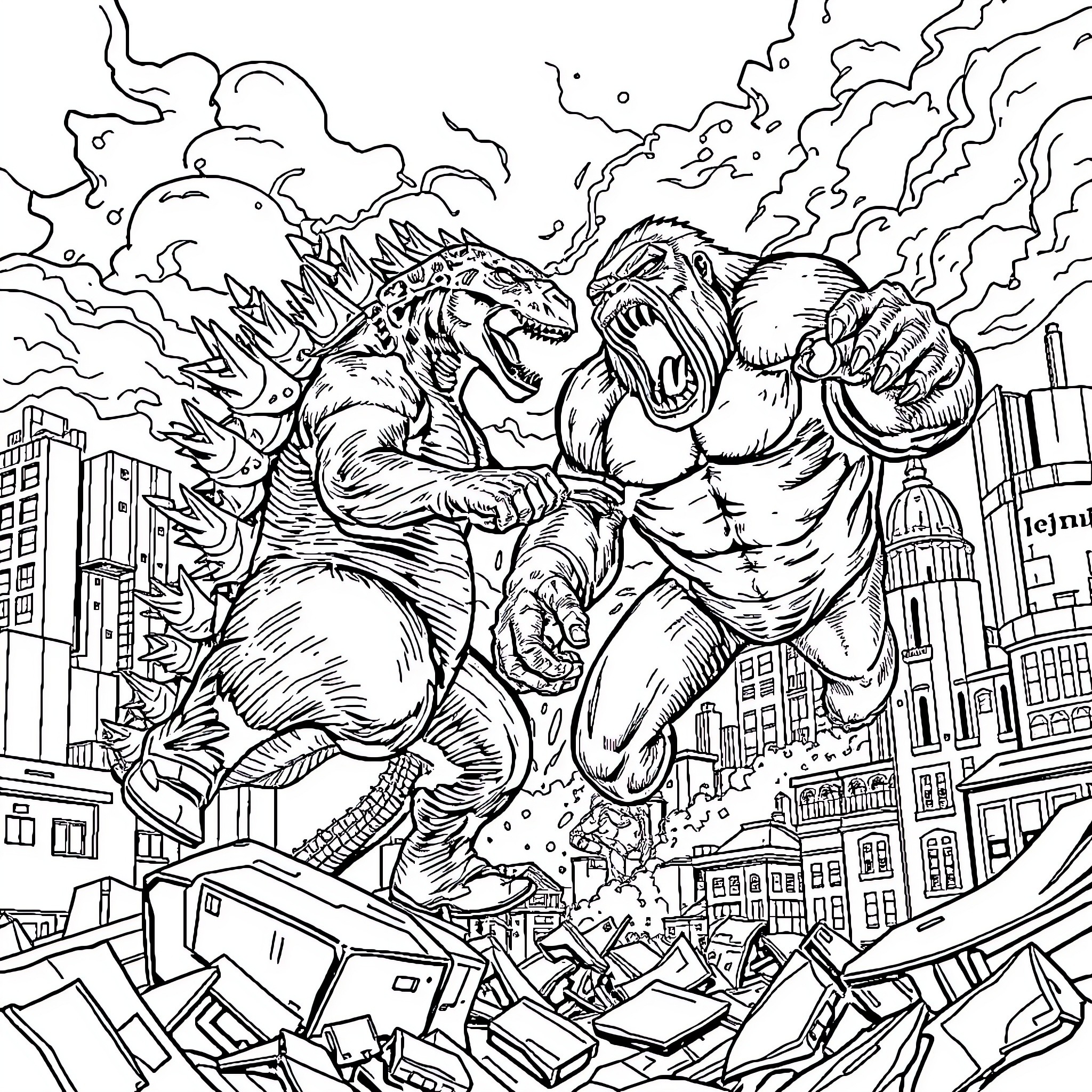 Godzilla battling a powerful beast in a destroyed city Coloring Page (free black-and-white line drawing printable PDF for all, from beginners to advanced learners, including children, teens, adults, and seniors)