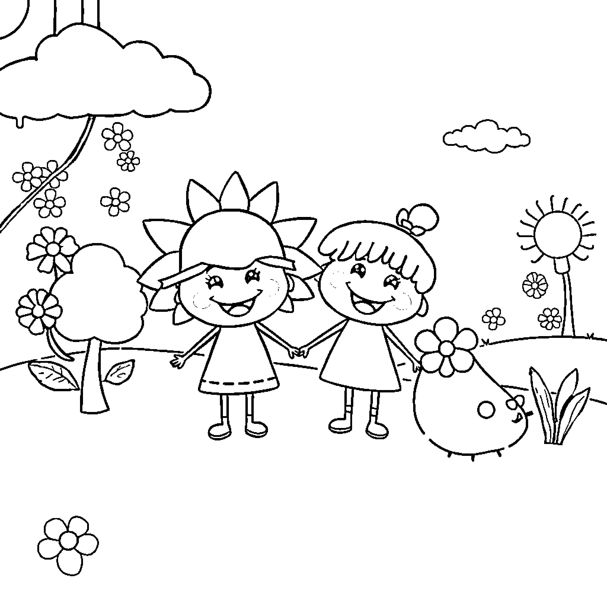 Season of Spring with Joyful Children Coloring Page (free black-and-white line drawing printable PDF for all, from beginners to advanced learners, including children, teens, adults, and seniors)