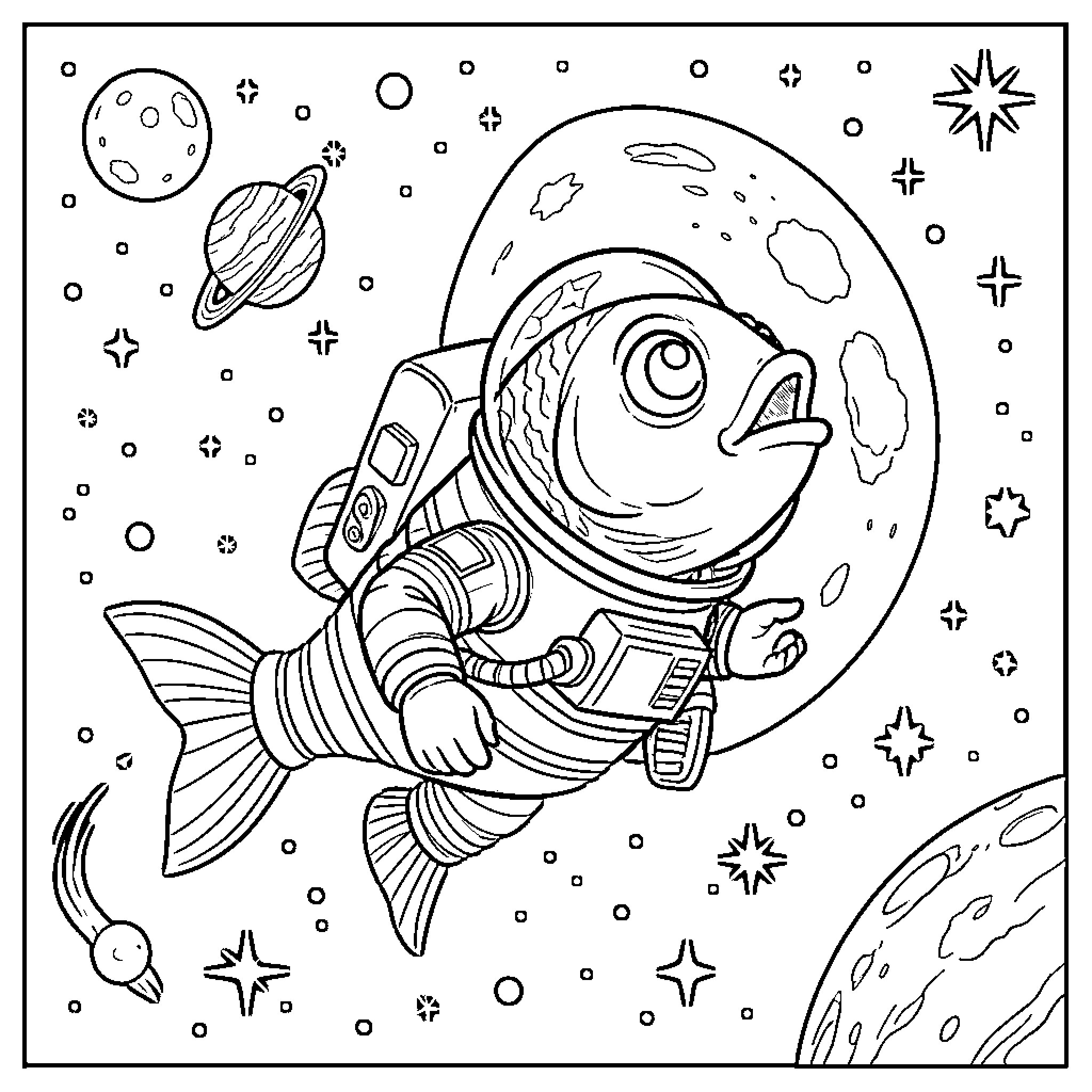 Fish wearing a spacesuit floating in outer space Coloring Page (free black-and-white line drawing printable PDF for all, from beginners to advanced learners, including children, teens, adults, and seniors)
