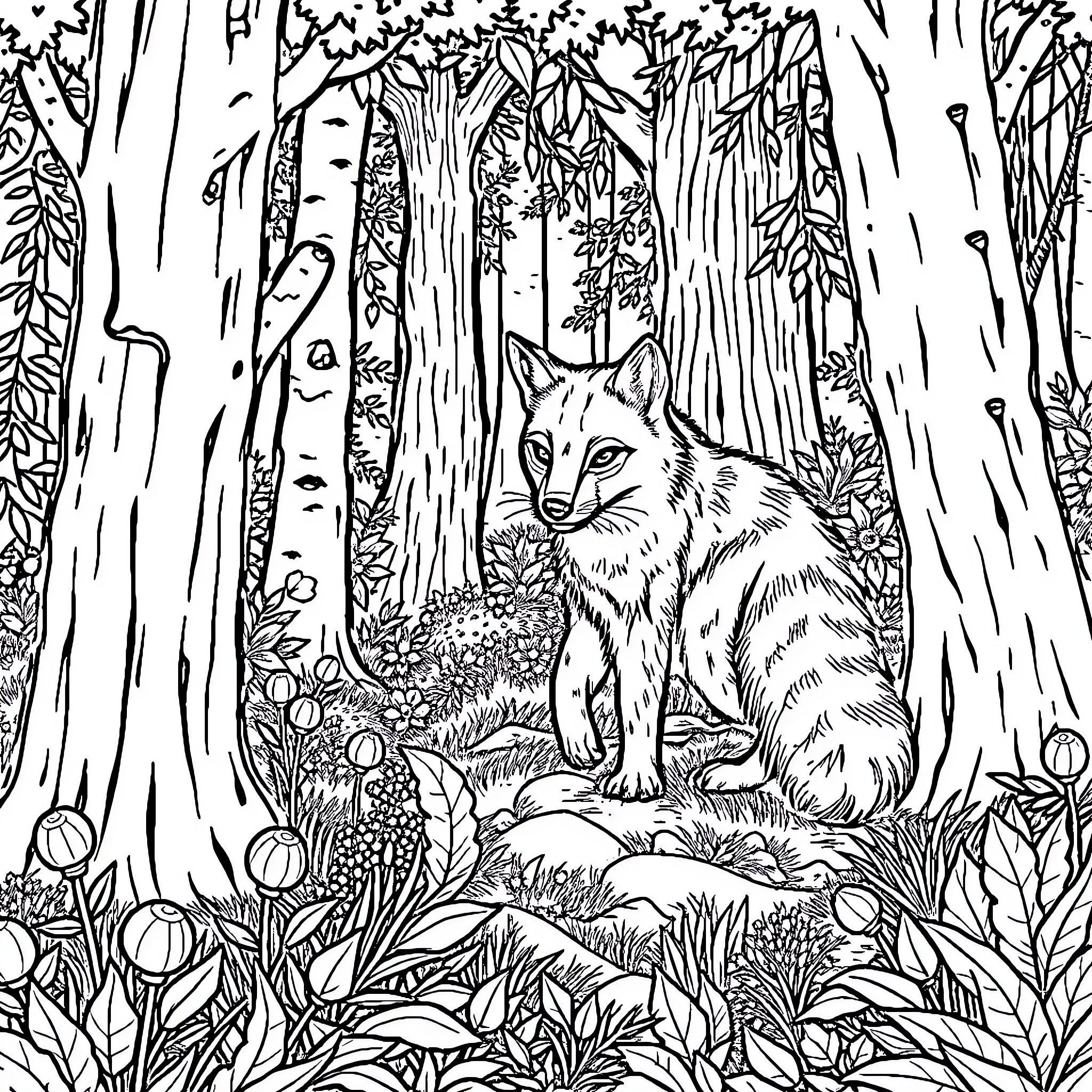 Fox in the Enchanted Forest Coloring Page (free black-and-white line drawing printable PDF for all, from beginners to advanced learners, including children, teens, adults, and seniors)