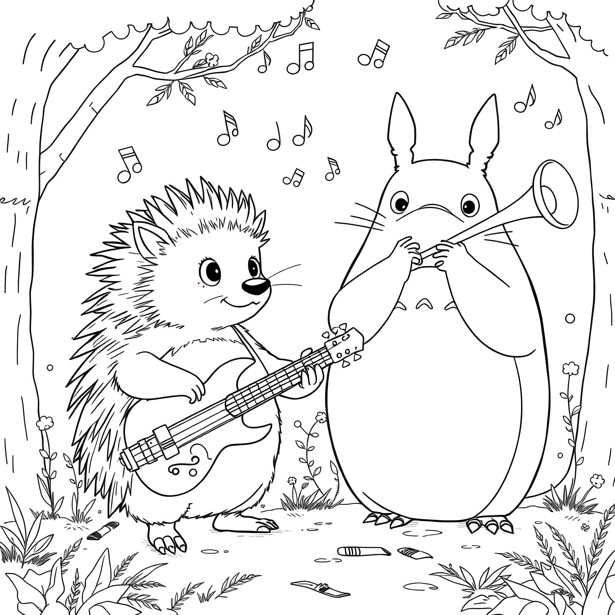 Hedgehog and Totoro playing music in the forest Coloring Page (free black-and-white line drawing printable PDF for all, from beginners to advanced learners, including children, teens, adults, and seniors)