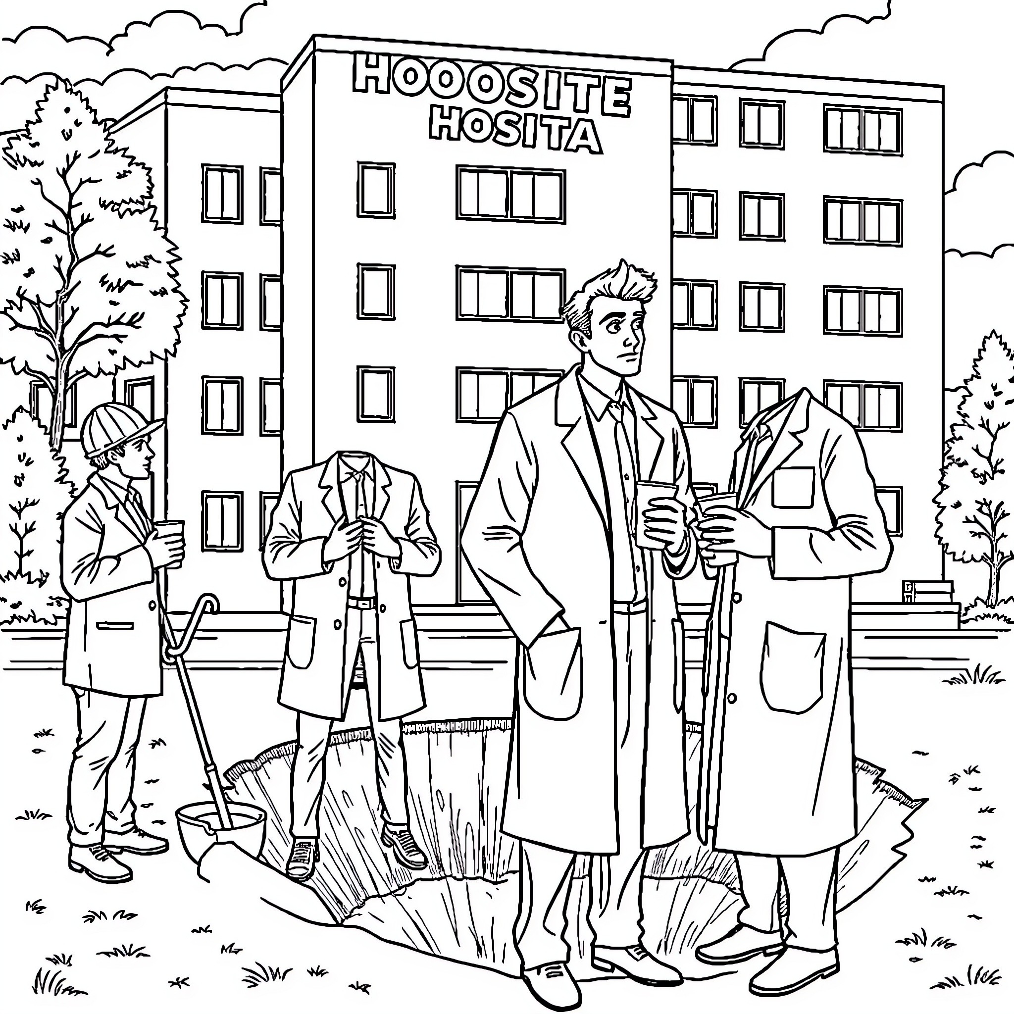 Doctor Examining Patients Outside Hospital Coloring Page (free black-and-white line drawing printable PDF for all, from beginners to advanced learners, including children, teens, adults, and seniors)