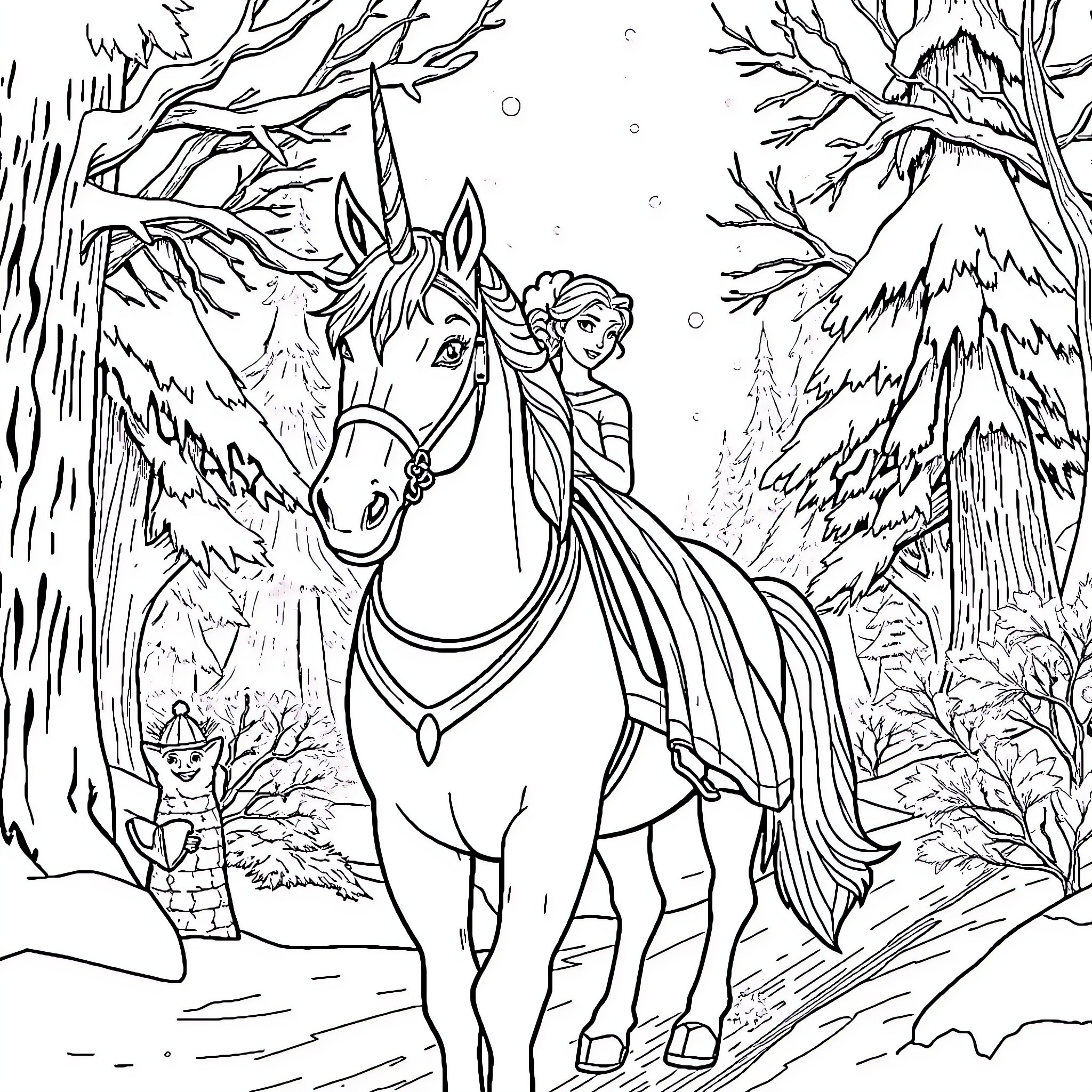 Elsa's Winter Adventure with Her Loyal Steed Coloring Page (free black-and-white line drawing printable PDF for all, from beginners to advanced learners, including children, teens, adults, and seniors)