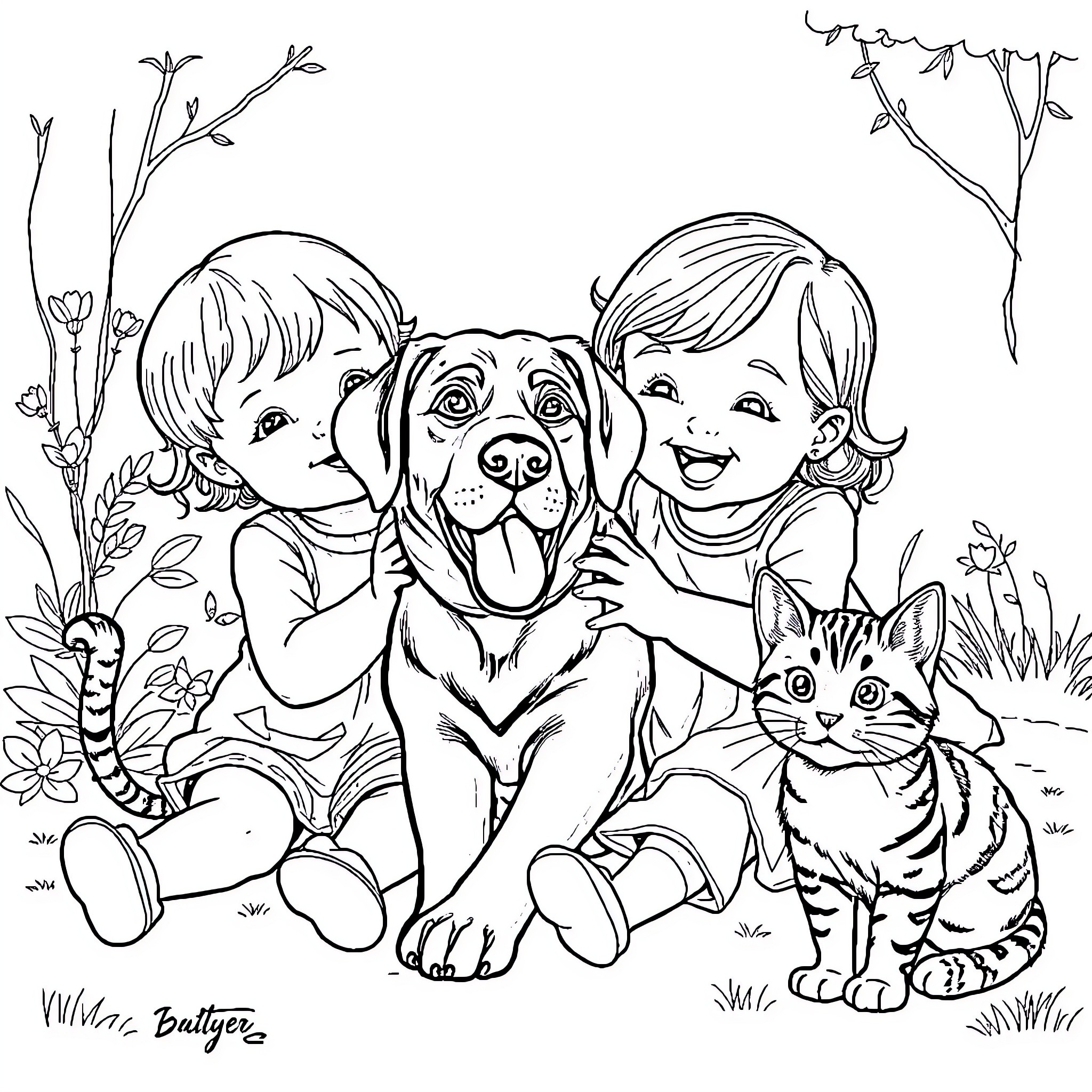 Baby Girl Happily Playing with Pet Dog and Cat Coloring Page (free black-and-white line drawing printable PDF for all, from beginners to advanced learners, including children, teens, adults, and seniors)