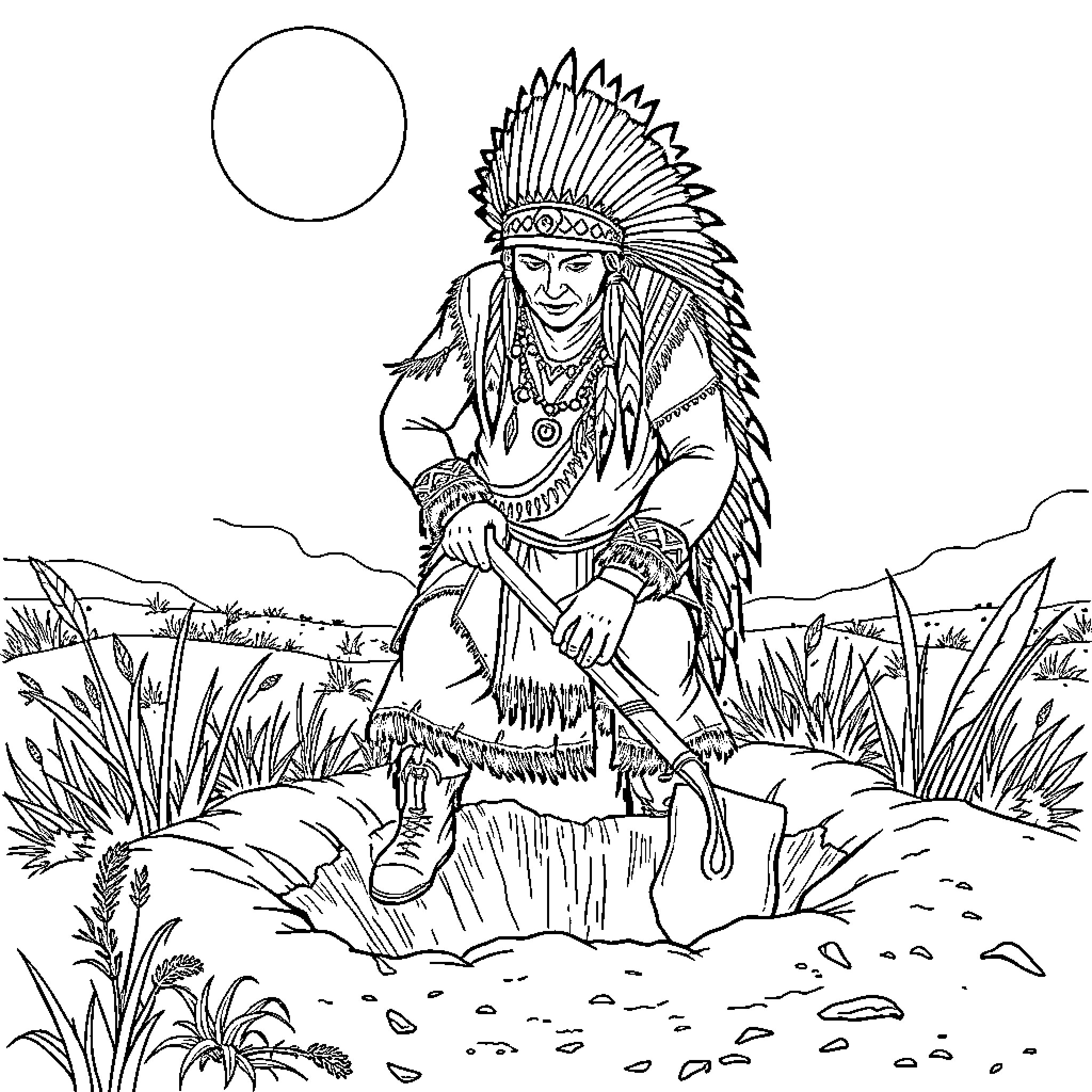 Indian Chief in traditional ceremonial dress Coloring Page (free black-and-white line drawing printable PDF for all, from beginners to advanced learners, including children, teens, adults, and seniors)
