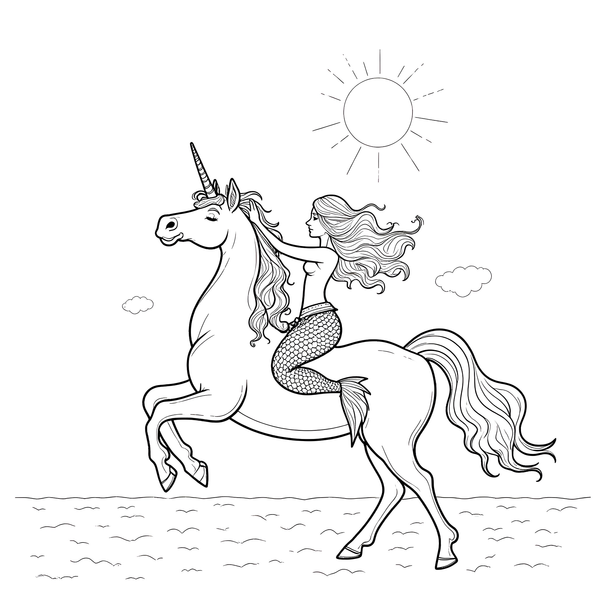 Mermaid riding a unicorn in the sun Coloring Page (free black-and-white line drawing printable PDF for all, from beginners to advanced learners, including children, teens, adults, and seniors)