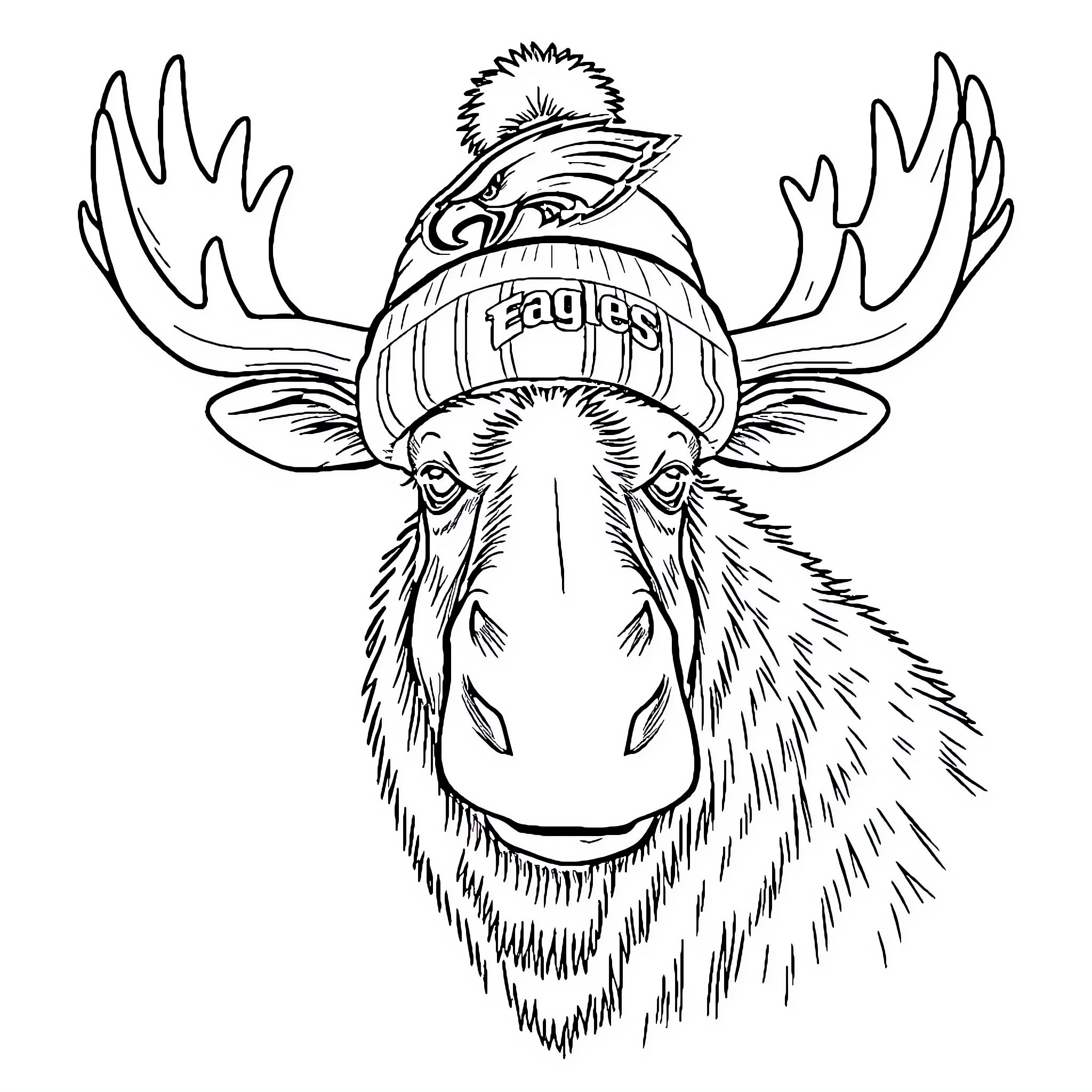 Moose wearing a football team hat Coloring Page (free black-and-white line drawing printable PDF for all, from beginners to advanced learners, including children, teens, adults, and seniors)