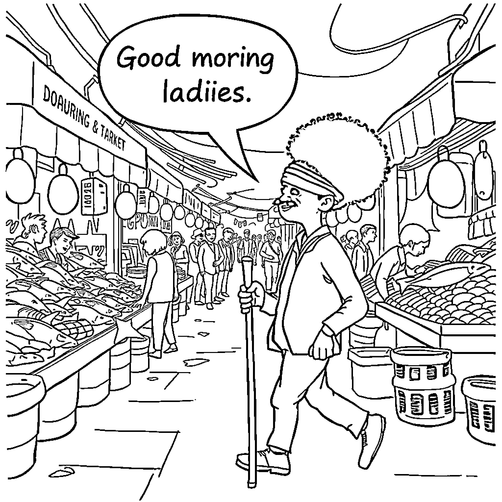 Man greets ladies at busy outdoor market Coloring Page (free black-and-white line drawing printable PDF for all, from beginners to advanced learners, including children, teens, adults, and seniors)