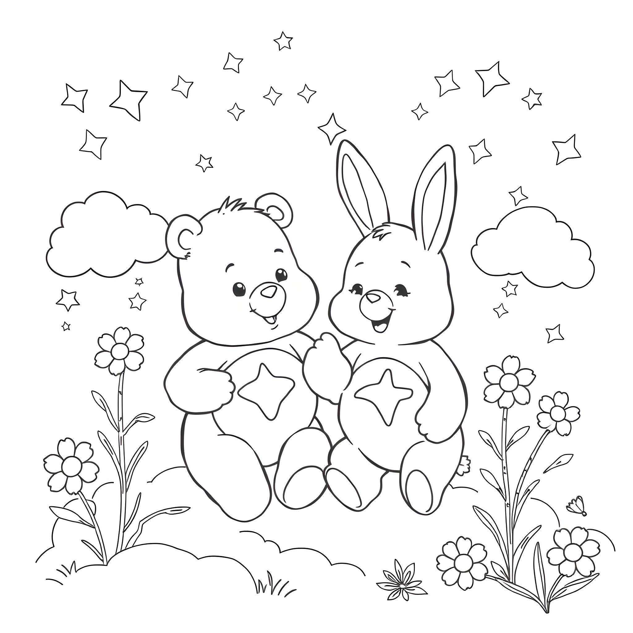 Care Bear and Bunny Friends in a Whimsical Meadow Coloring Page (free black-and-white line drawing printable PDF for all, from beginners to advanced learners, including children, teens, adults, and seniors)