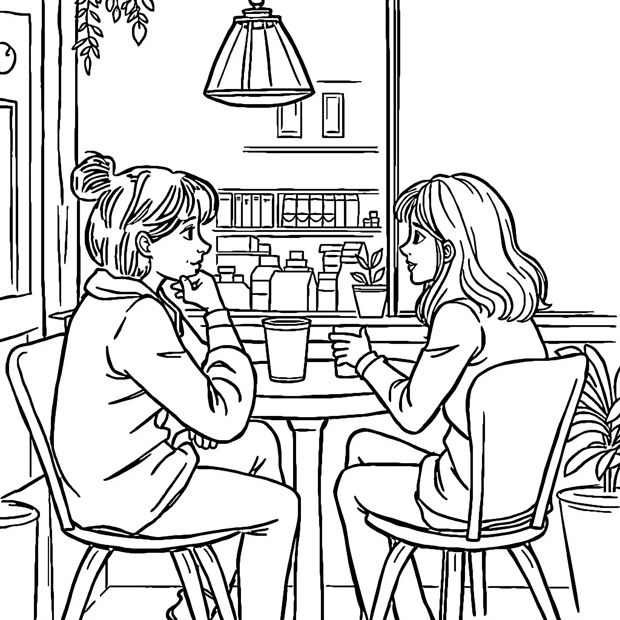 Cat Enjoying a Cozy Conversation Coloring Page (free black-and-white line drawing printable PDF for all, from beginners to advanced learners, including children, teens, adults, and seniors)