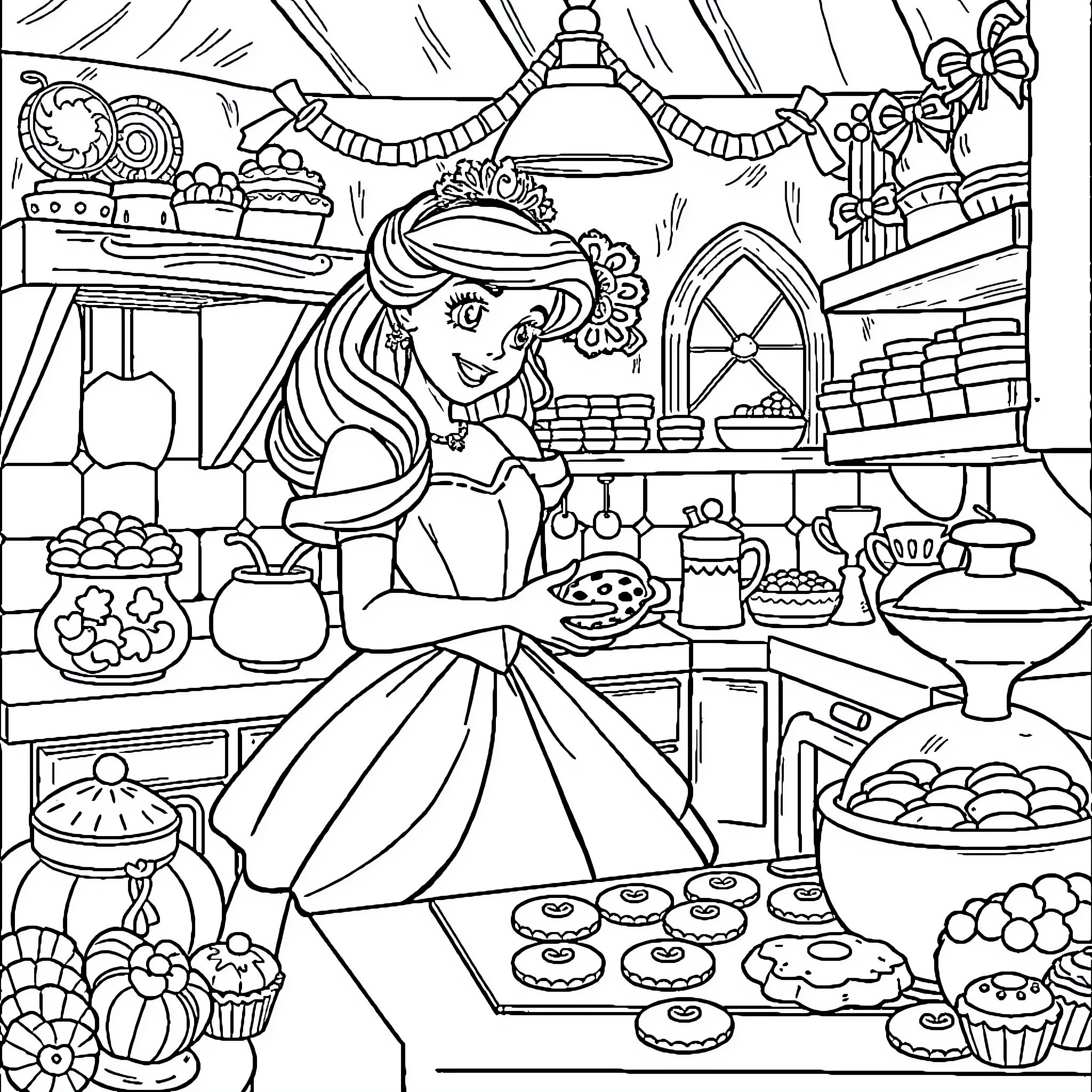 Princess Baking Delicious Treats in the Kitchen Coloring Page (free black-and-white line drawing printable PDF for all, from beginners to advanced learners, including children, teens, adults, and seniors)
