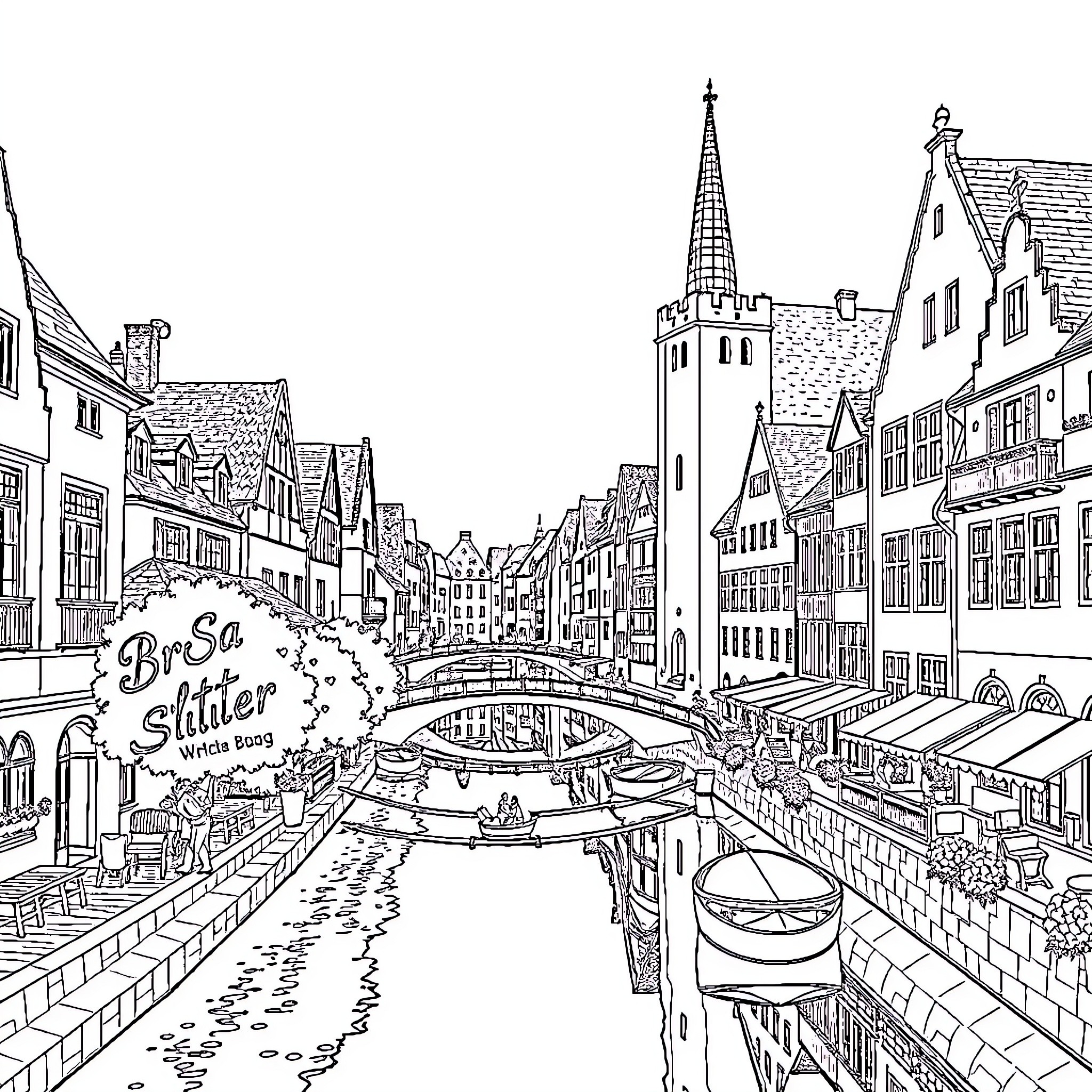 Witch's Enchanting Canal Town Coloring Page (free black-and-white line drawing printable PDF for all, from beginners to advanced learners, including children, teens, adults, and seniors)