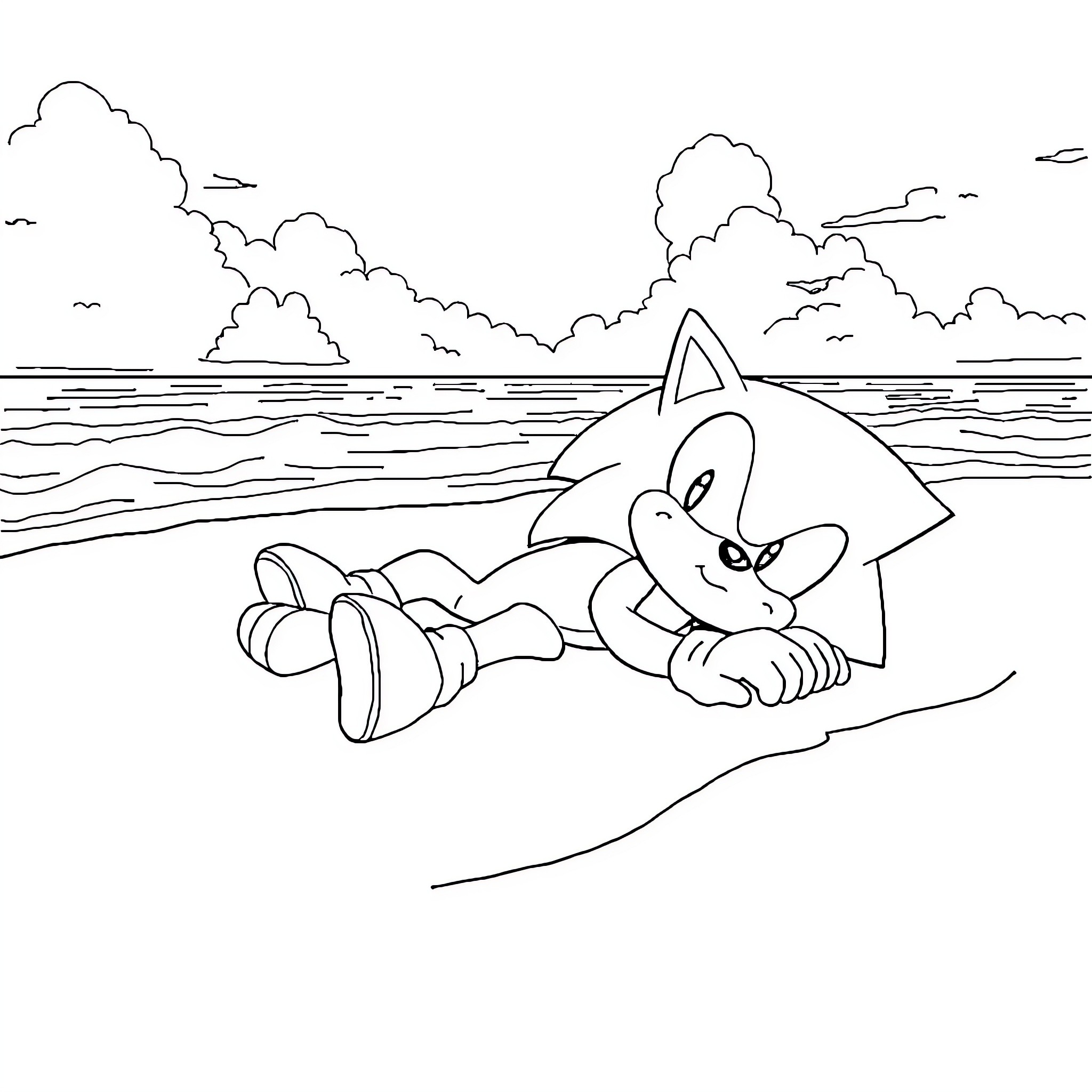 Sonic resting by the ocean waves Coloring Page (free black-and-white line drawing printable PDF for all, from beginners to advanced learners, including children, teens, adults, and seniors)