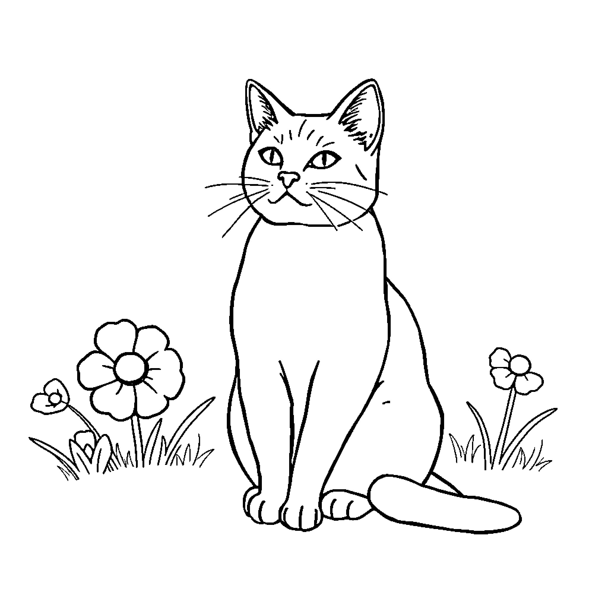 Cat sitting in flower garden Coloring Page (free black-and-white line drawing printable PDF for all, from beginners to advanced learners, including children, teens, adults, and seniors)