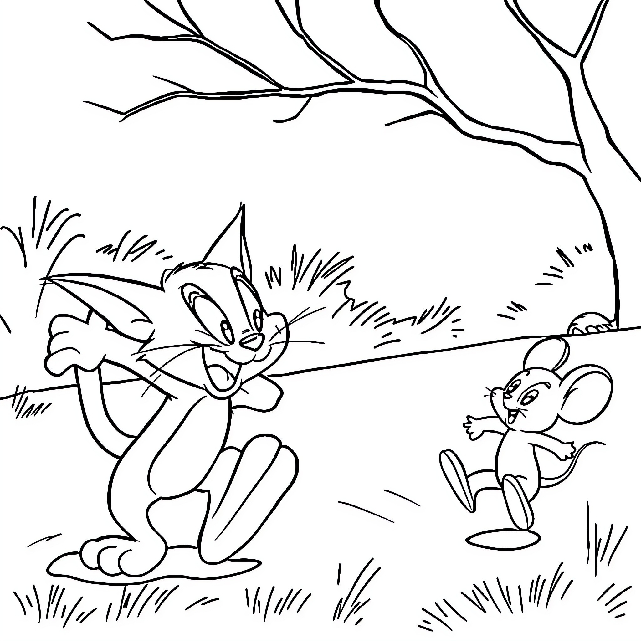 Tom and Jerry chasing each other in the woods Coloring Page (free black-and-white line drawing printable PDF for all, from beginners to advanced learners, including children, teens, adults, and seniors)