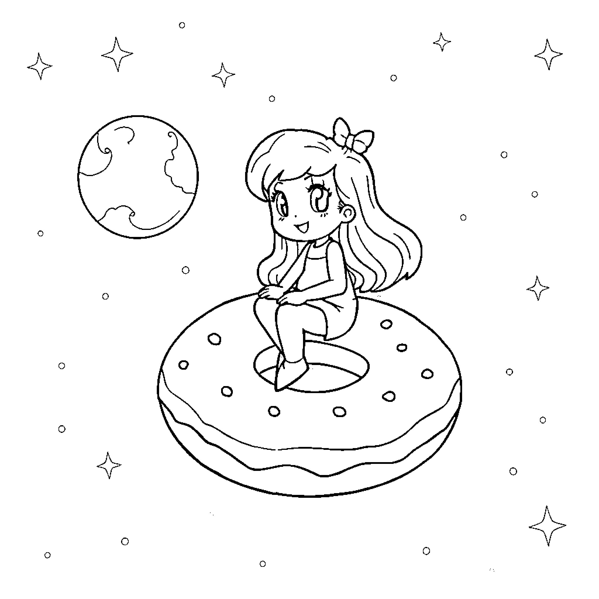 Gabby daydreaming on a giant donut in the starry night Coloring Page (free black-and-white line drawing printable PDF for all, from beginners to advanced learners, including children, teens, adults, and seniors)