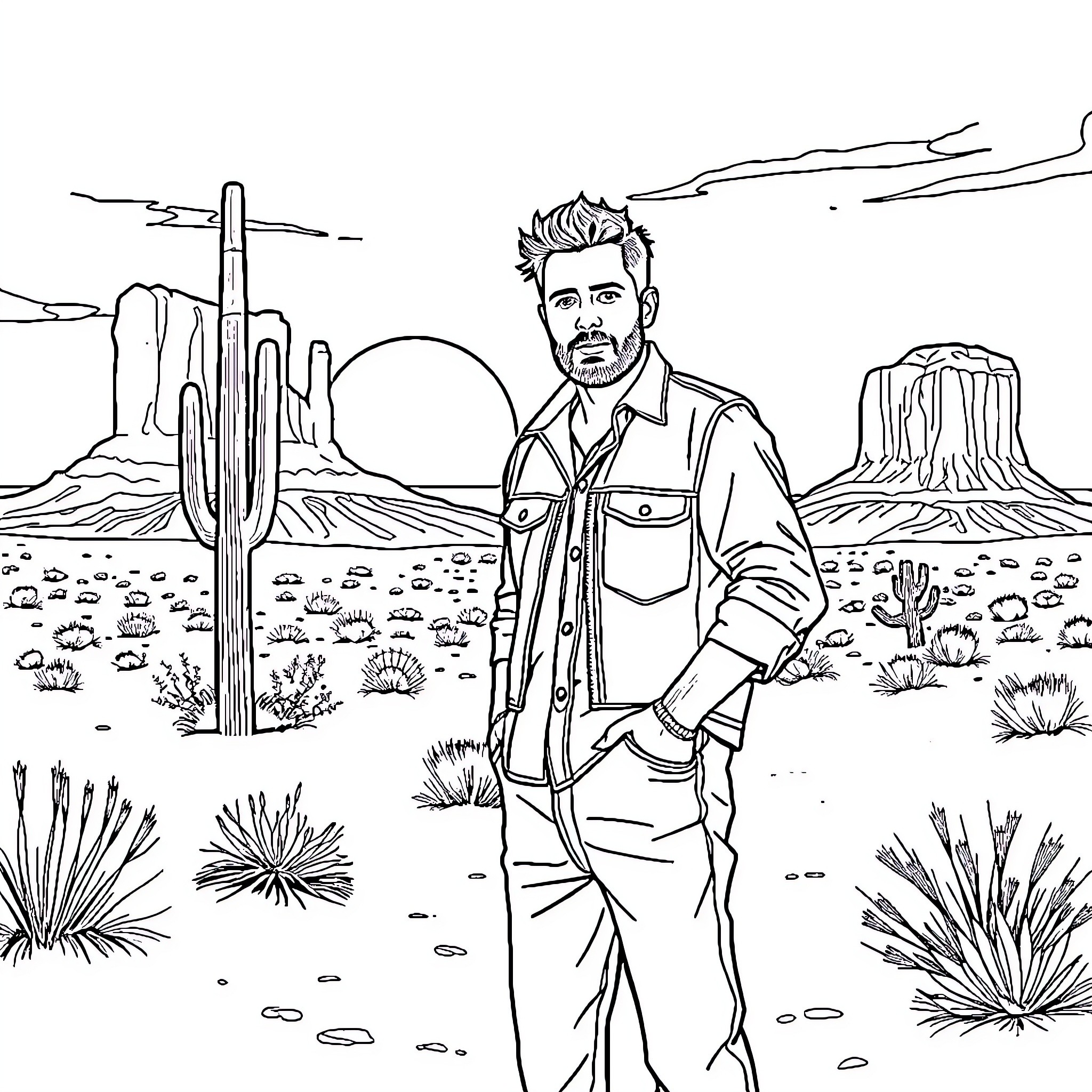 Joshua Graham in the desert landscape Coloring Page (free black-and-white line drawing printable PDF for all, from beginners to advanced learners, including children, teens, adults, and seniors)