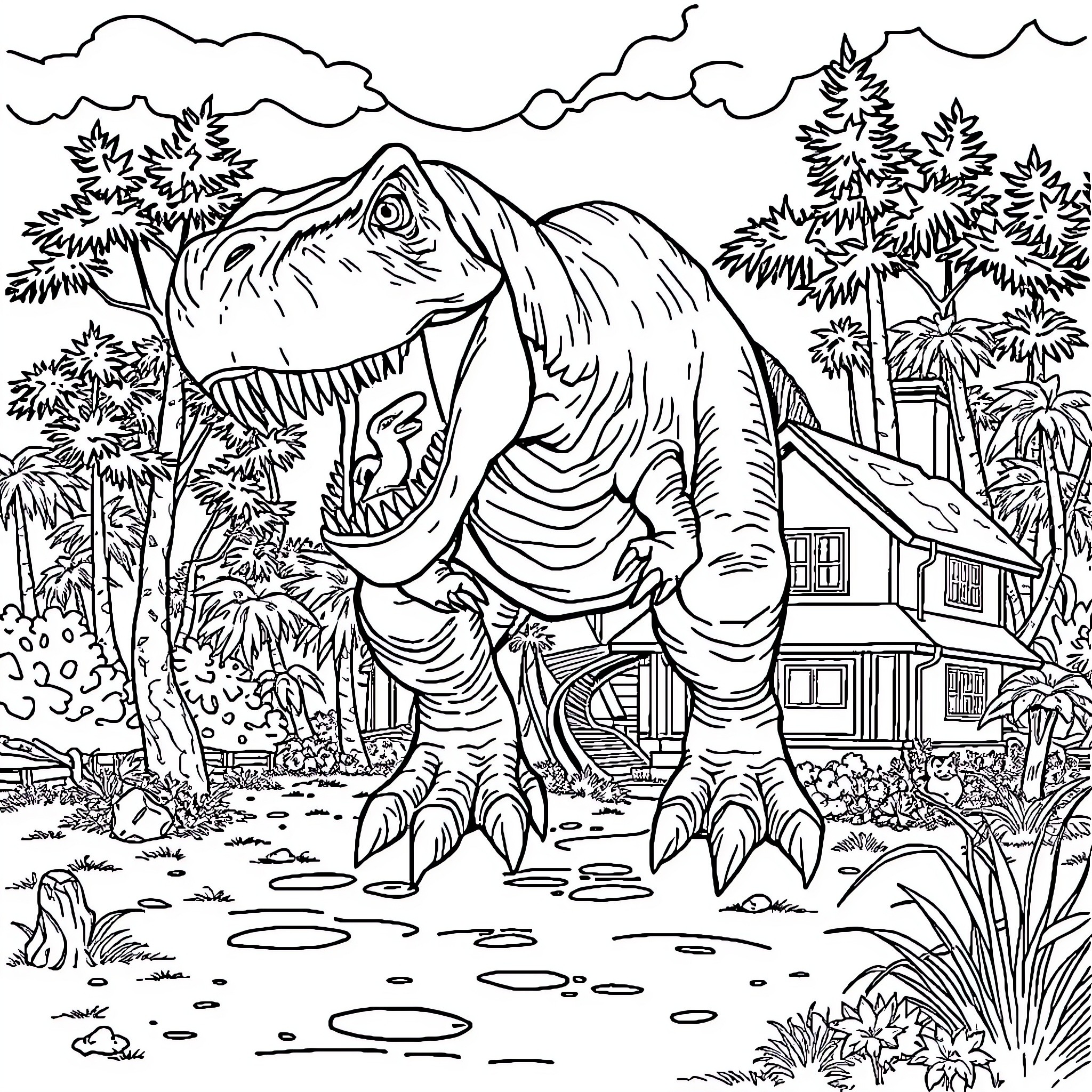 Dinosaur Roaring in Lush Prehistoric Landscape Coloring Page (free black-and-white line drawing printable PDF for all, from beginners to advanced learners, including children, teens, adults, and seniors)