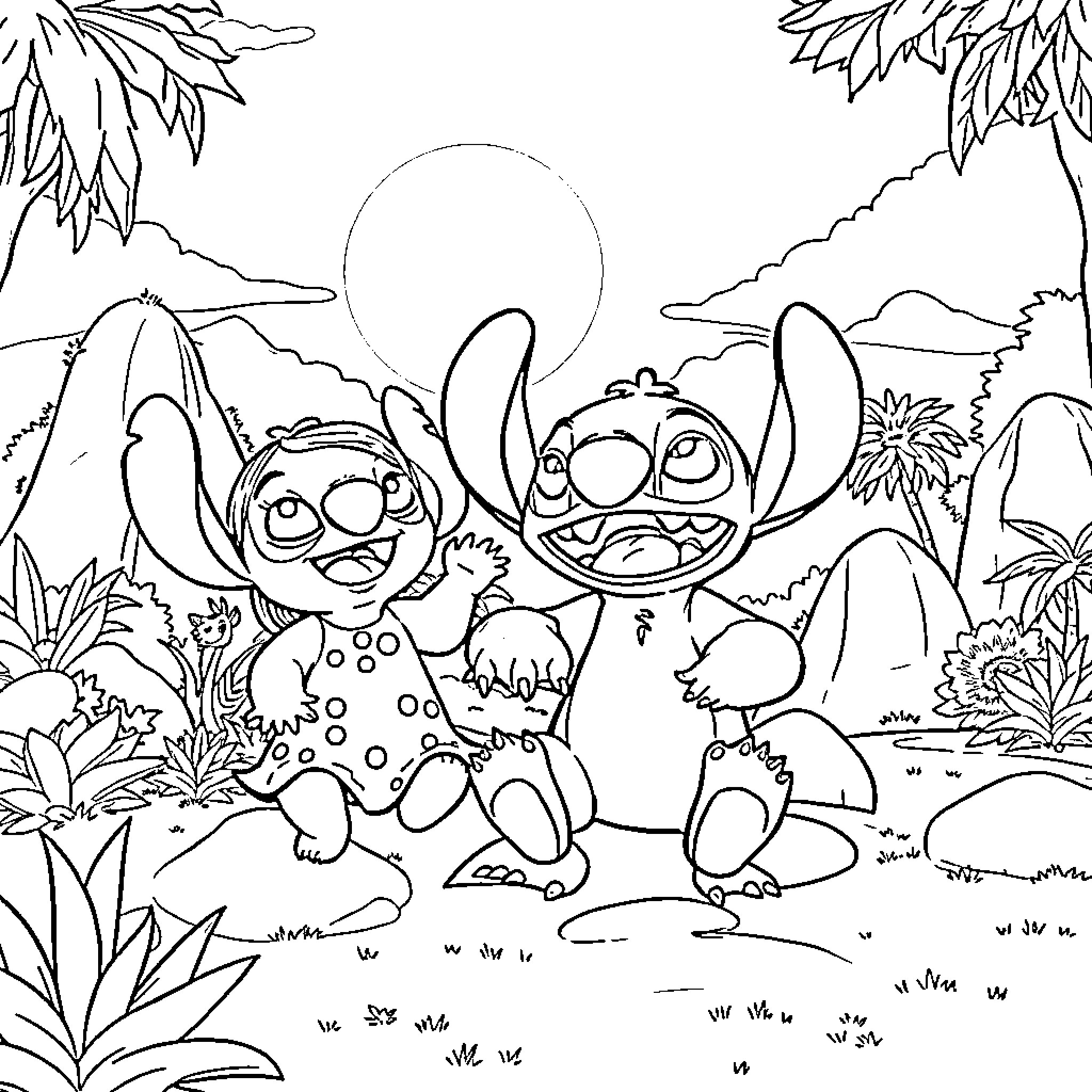 Lilo and Stitch's Tropical Adventure Coloring Page (free black-and-white line drawing printable PDF for all, from beginners to advanced learners, including children, teens, adults, and seniors)