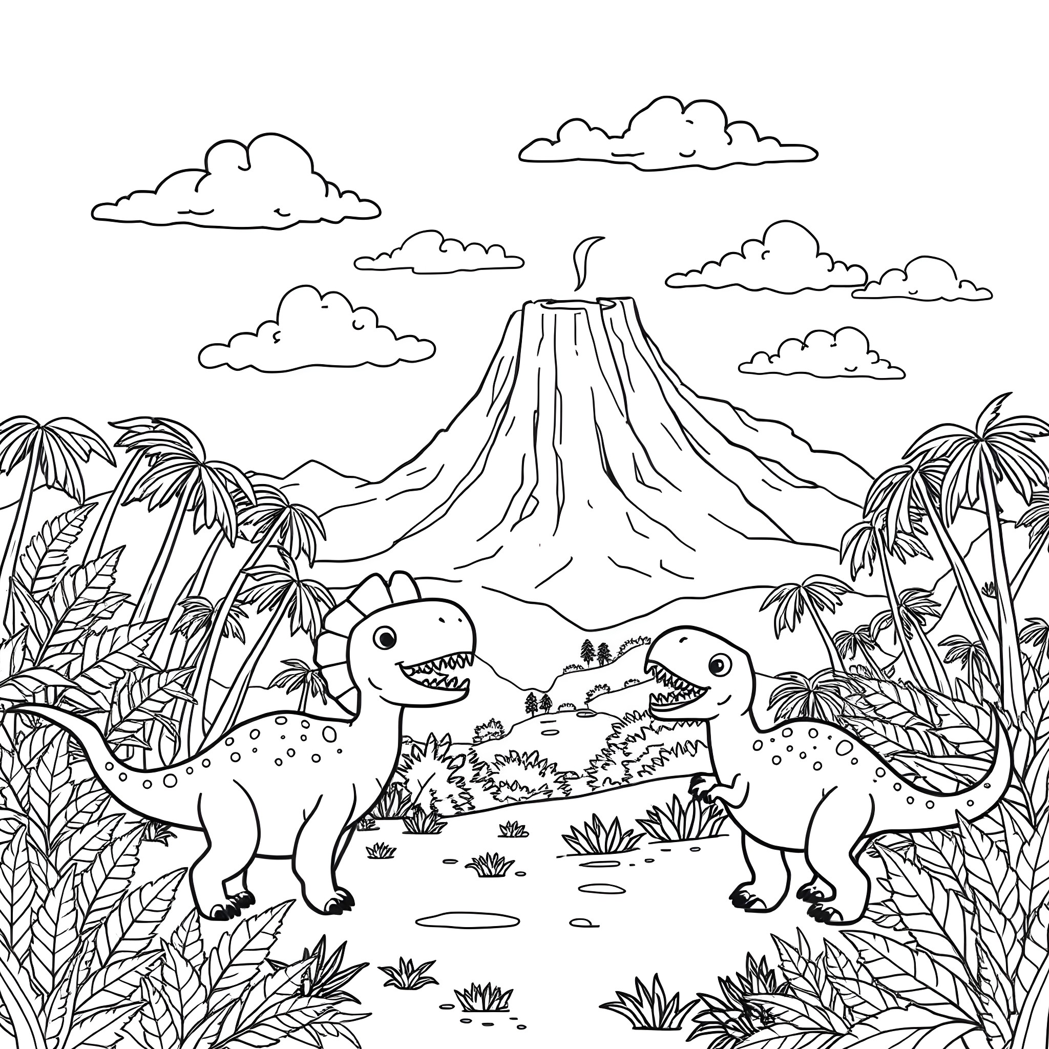 Dinosaurs exploring the lush prehistoric landscape Coloring Page (free black-and-white line drawing printable PDF for all, from beginners to advanced learners, including children, teens, adults, and seniors)