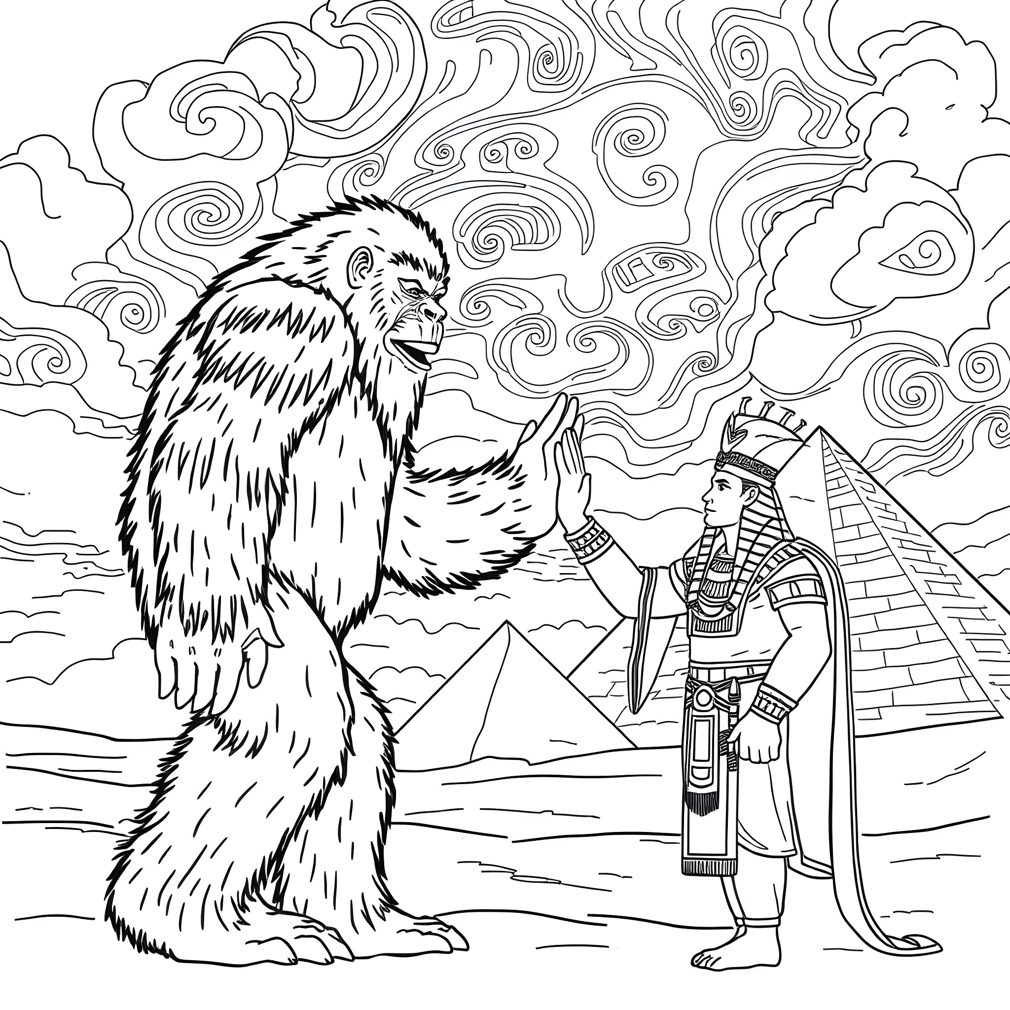 Bigfoot Encountering an Ancient Egyptian Pharaoh Coloring Page (free black-and-white line drawing printable PDF for all, from beginners to advanced learners, including children, teens, adults, and seniors)