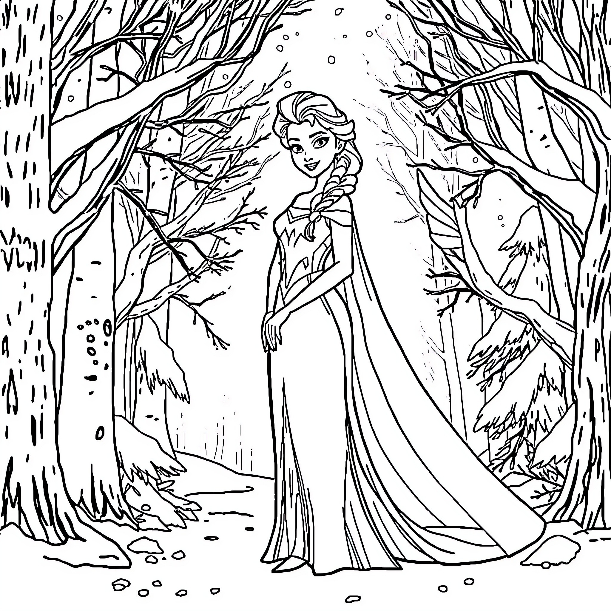 Elsa exploring the wintry forest Coloring Page (free black-and-white line drawing printable PDF for all, from beginners to advanced learners, including children, teens, adults, and seniors)