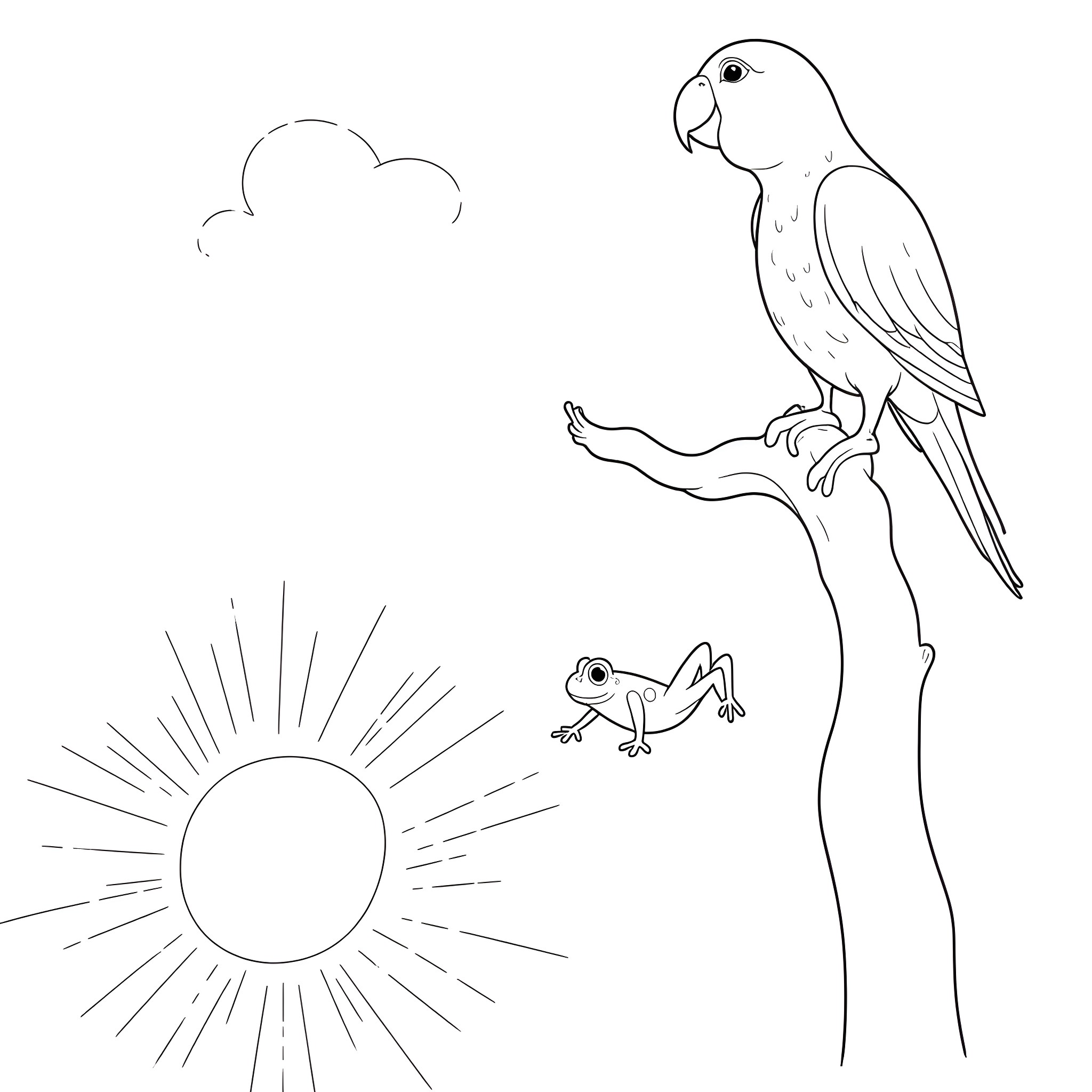 Parrot perching and observing nature Coloring Page (free black-and-white line drawing printable PDF for all, from beginners to advanced learners, including children, teens, adults, and seniors)