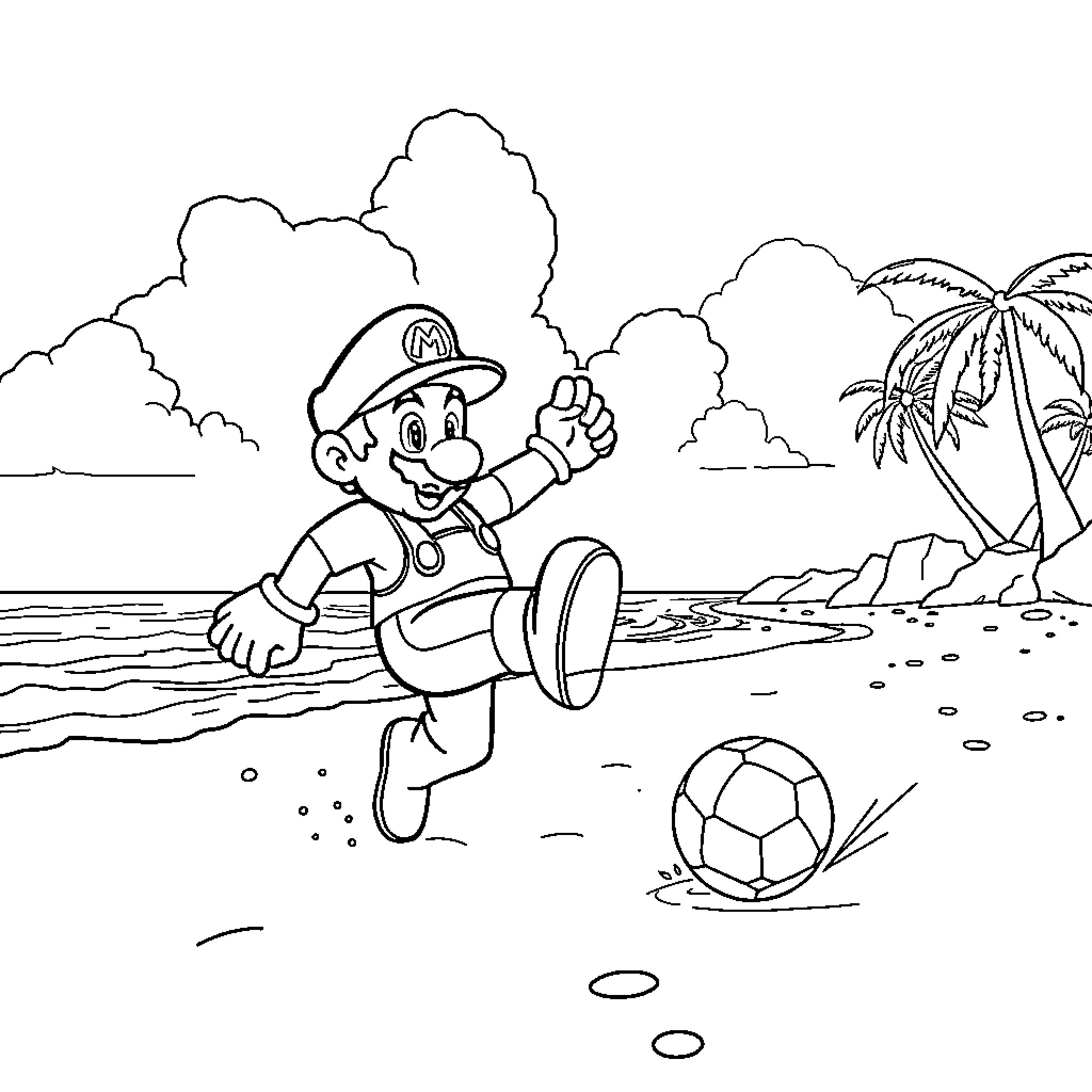 Mario Exploring the Beach with Soccer Ball Coloring Page (free black-and-white line drawing printable PDF for all, from beginners to advanced learners, including children, teens, adults, and seniors)