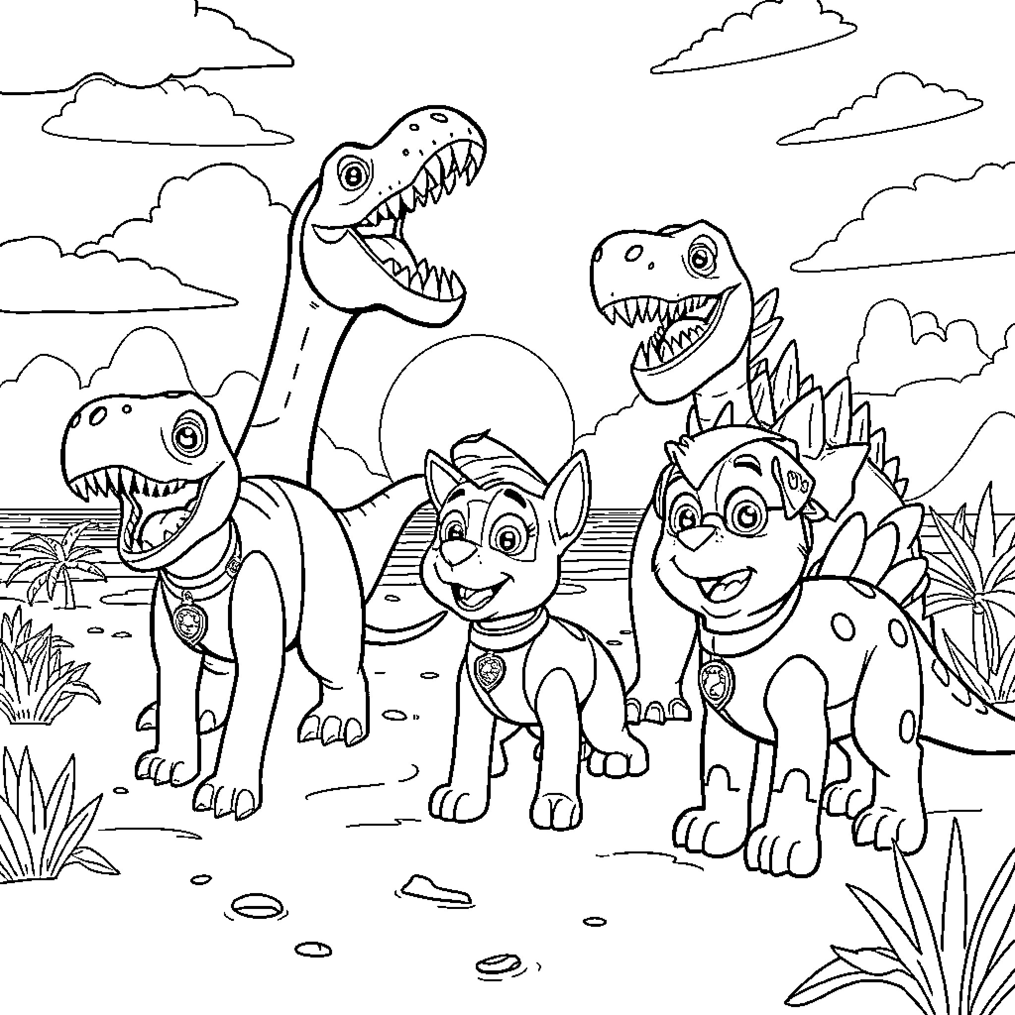 Paw Patrol pups explore prehistoric world with dinosaurs Coloring Page (free black-and-white line drawing printable PDF for all, from beginners to advanced learners, including children, teens, adults, and seniors)