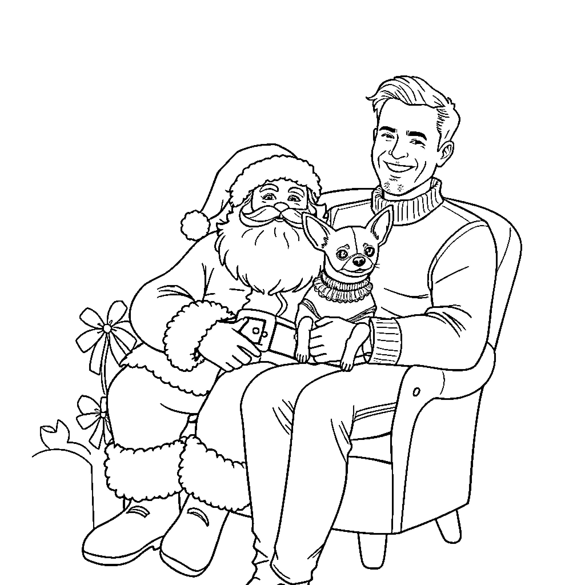 Santa and friend sharing holiday cheer Coloring Page (free black-and-white line drawing printable PDF for all, from beginners to advanced learners, including children, teens, adults, and seniors)