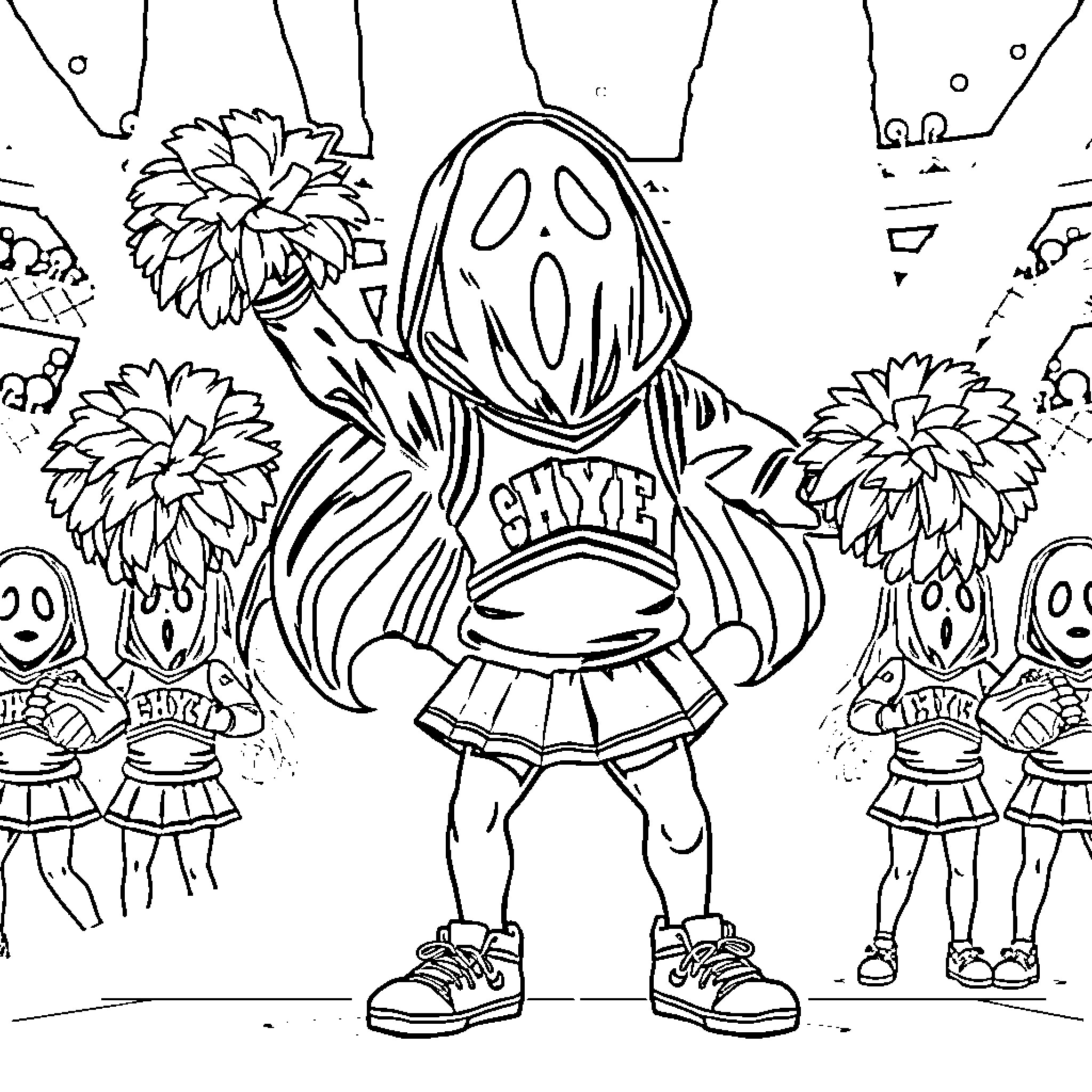 Ghostface leading a cheer squad in the spooky forest Coloring Page (free black-and-white line drawing printable PDF for all, from beginners to advanced learners, including children, teens, adults, and seniors)