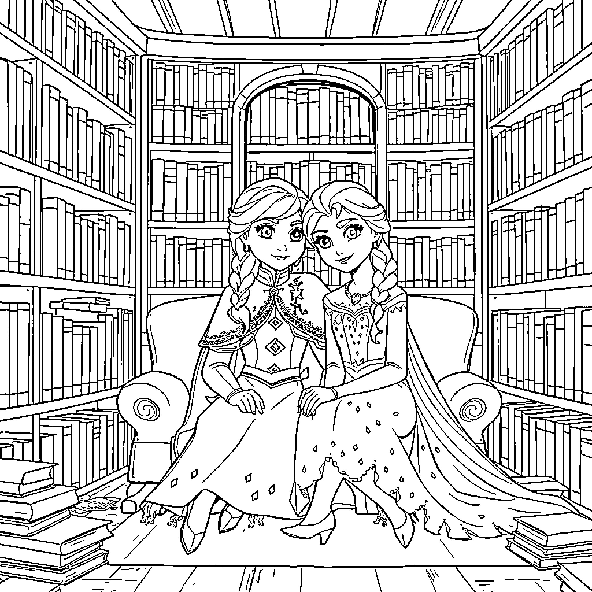 Anna and Elsa Explore the Royal Library Coloring Page (free black-and-white line drawing printable PDF for all, from beginners to advanced learners, including children, teens, adults, and seniors)